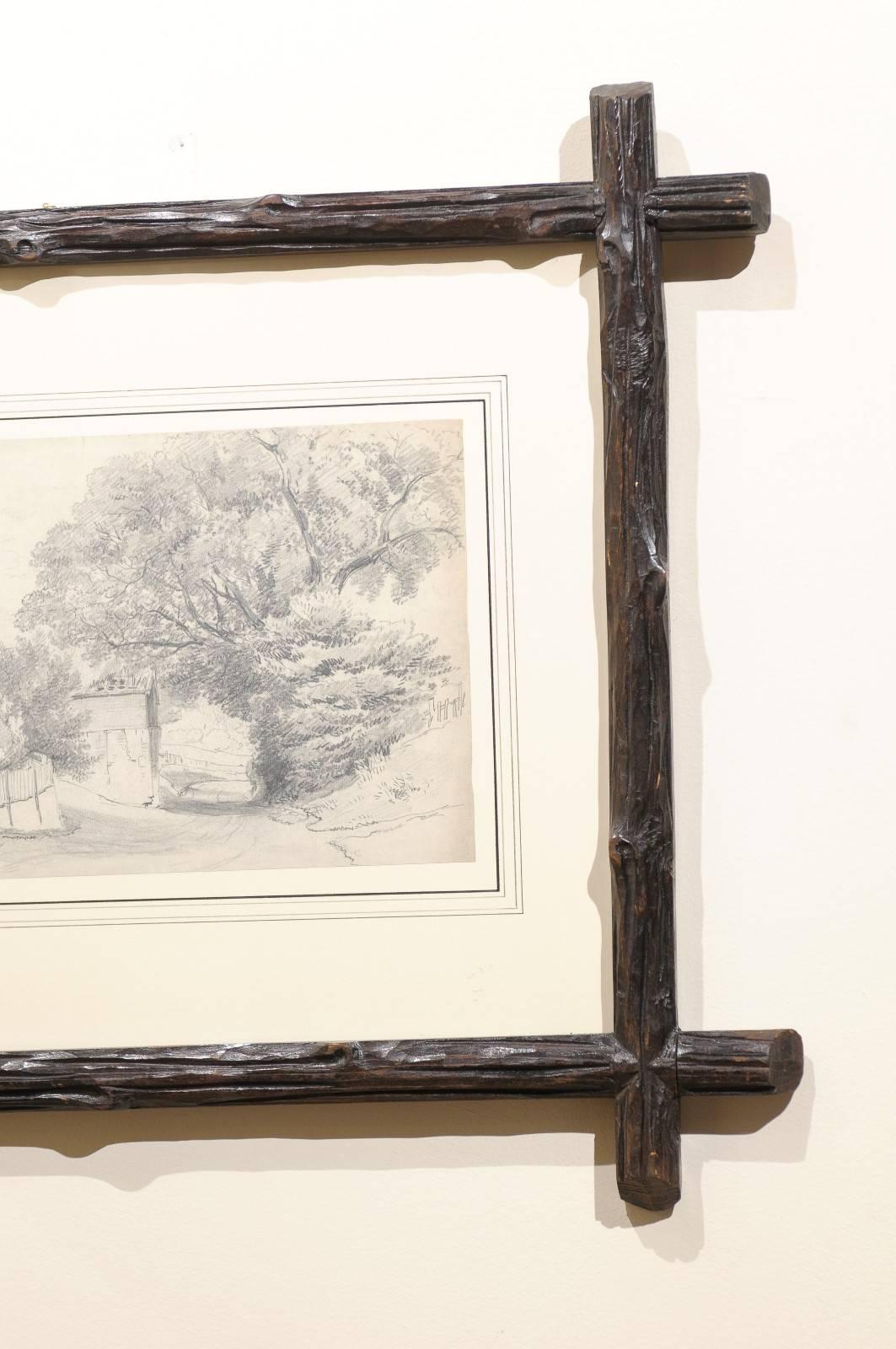 Swiss English Antique Pencil Sketch in Black Forest Frame For Sale