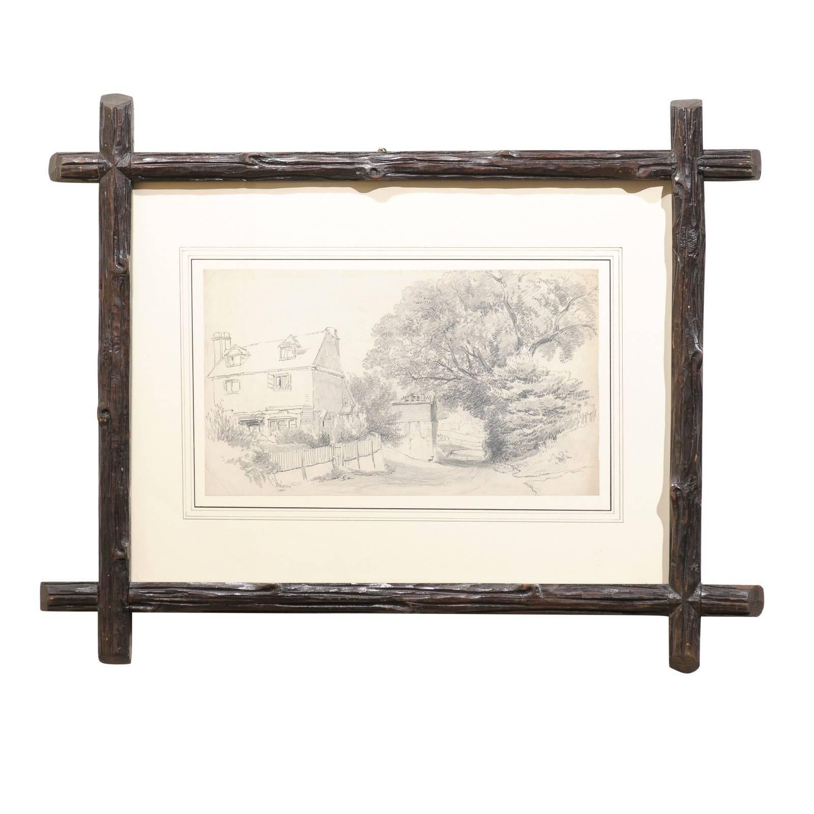 English Antique Pencil Sketch in Black Forest Frame For Sale