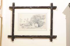 English Antique Pencil Sketch in Black Forest Frame