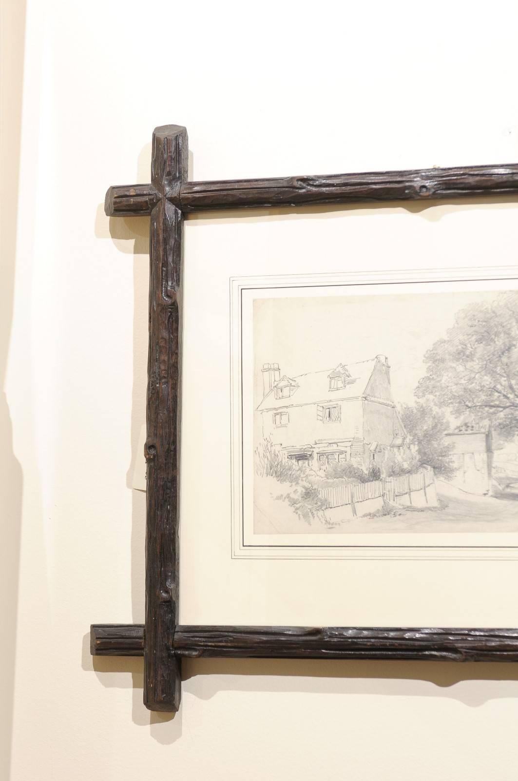 English Antique Pencil Sketch in Black Forest Frame For Sale 1