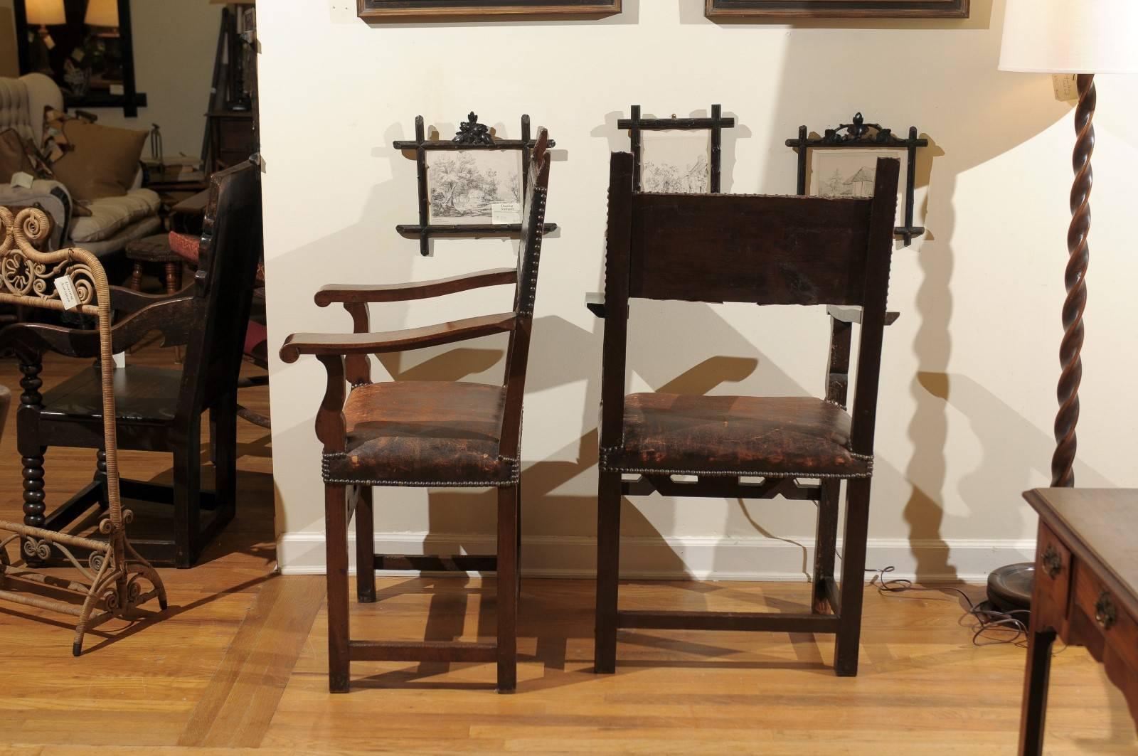 English Pair of Leather and Wood Jacobean Style Chairs For Sale