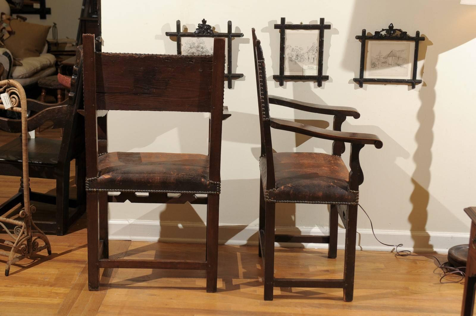 Pair of Leather and Wood Jacobean Style Chairs In Good Condition For Sale In Atlanta, GA