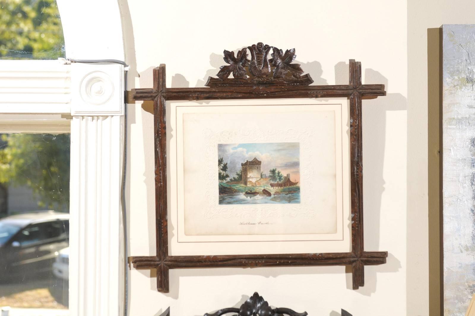 Lochlevan Castle in the Scottish Highlands is the subject of this lovely watercolor framed in a Black Forest Frame. This handsome watercolor is matted in an unusual embossed border. The embossed border is faintly visible in the picture.