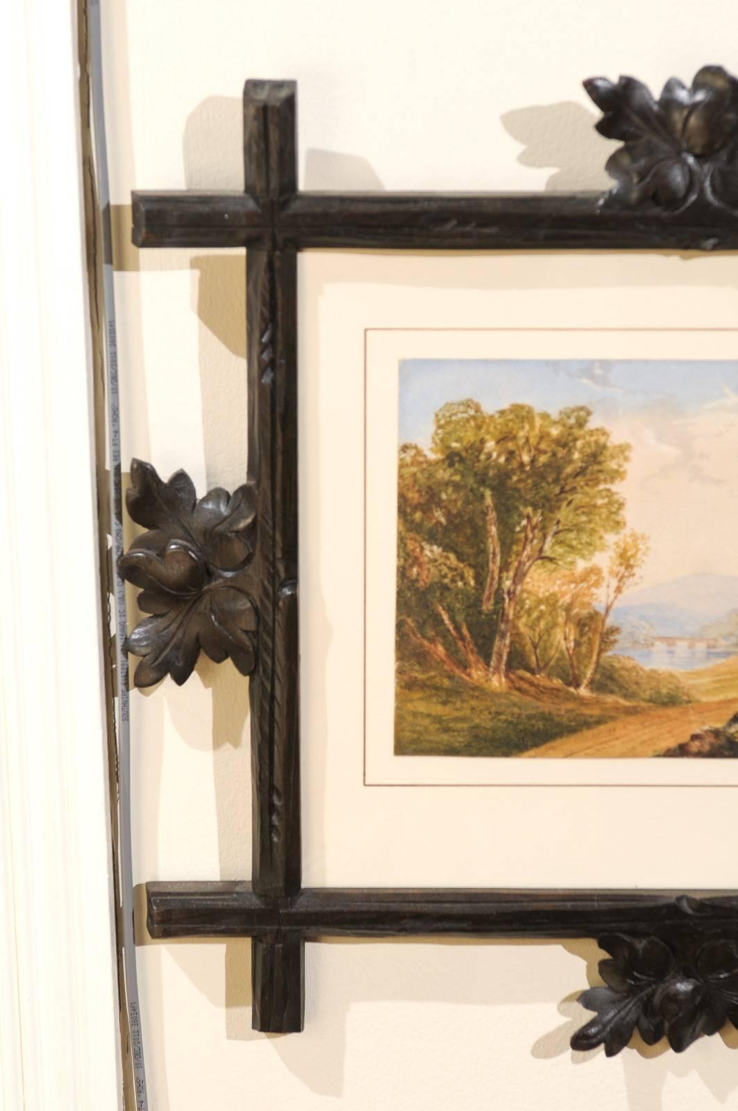 Hand-Carved Spectacular Black Forest Frame and Watercolor For Sale