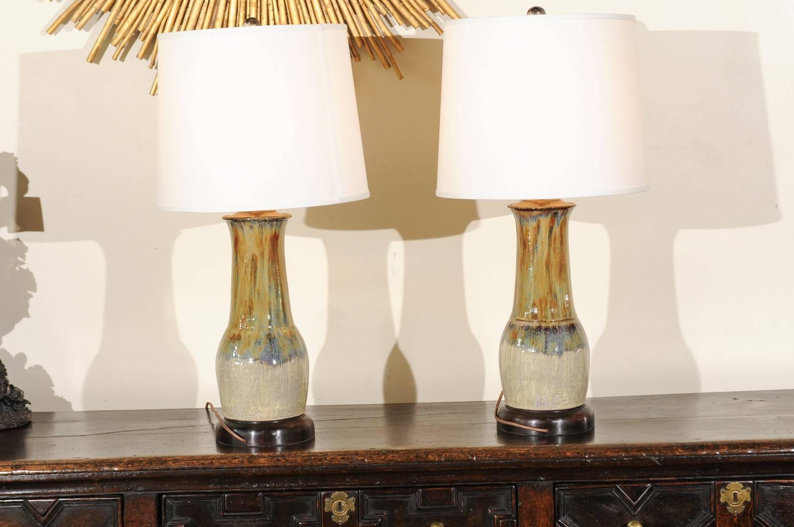 American Pair of Hand-Thrown Lamps by Charlie West