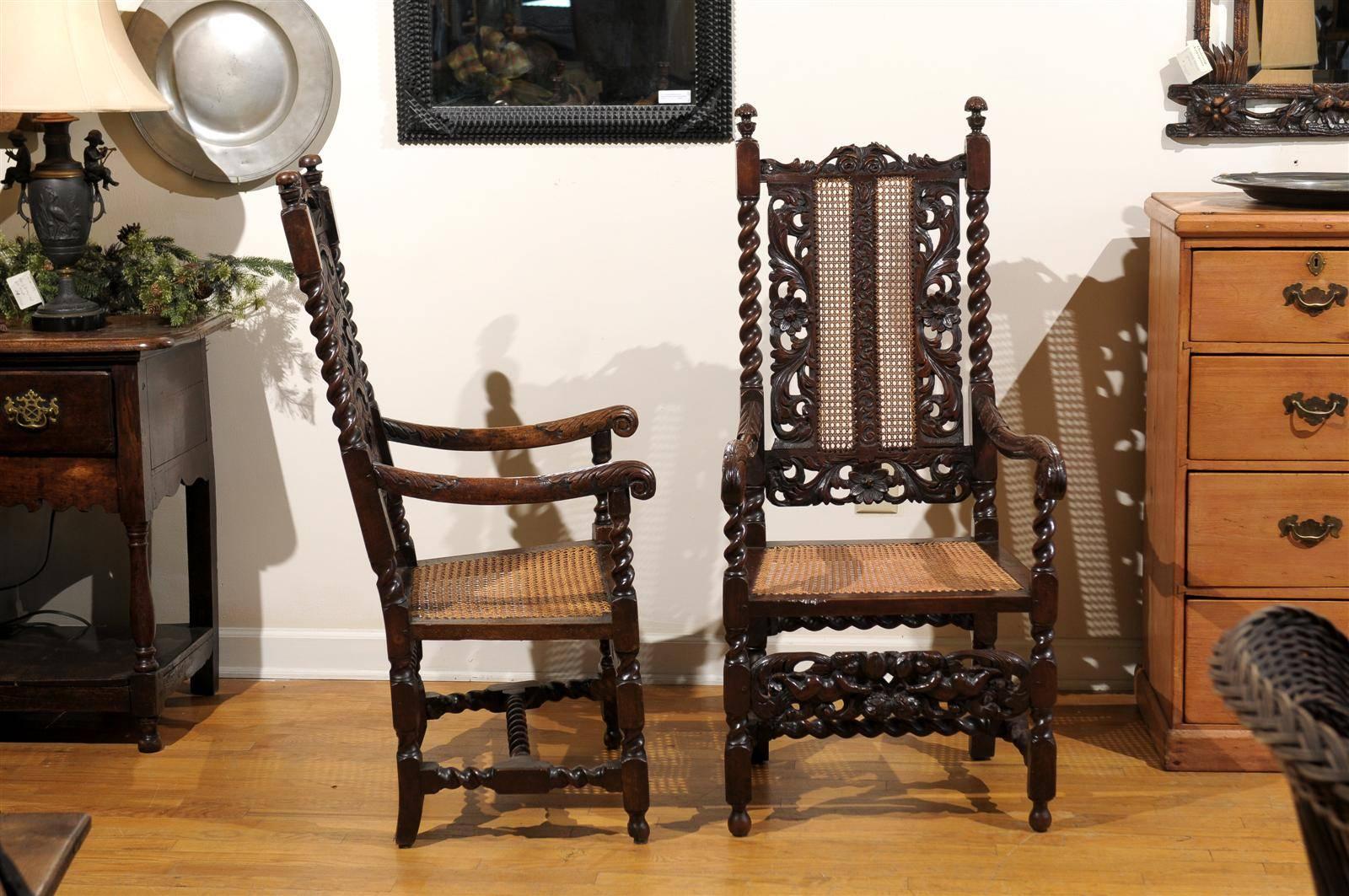 Queen Anne Pair of English 17th Century Barley Twist  Arm Chairs For Sale