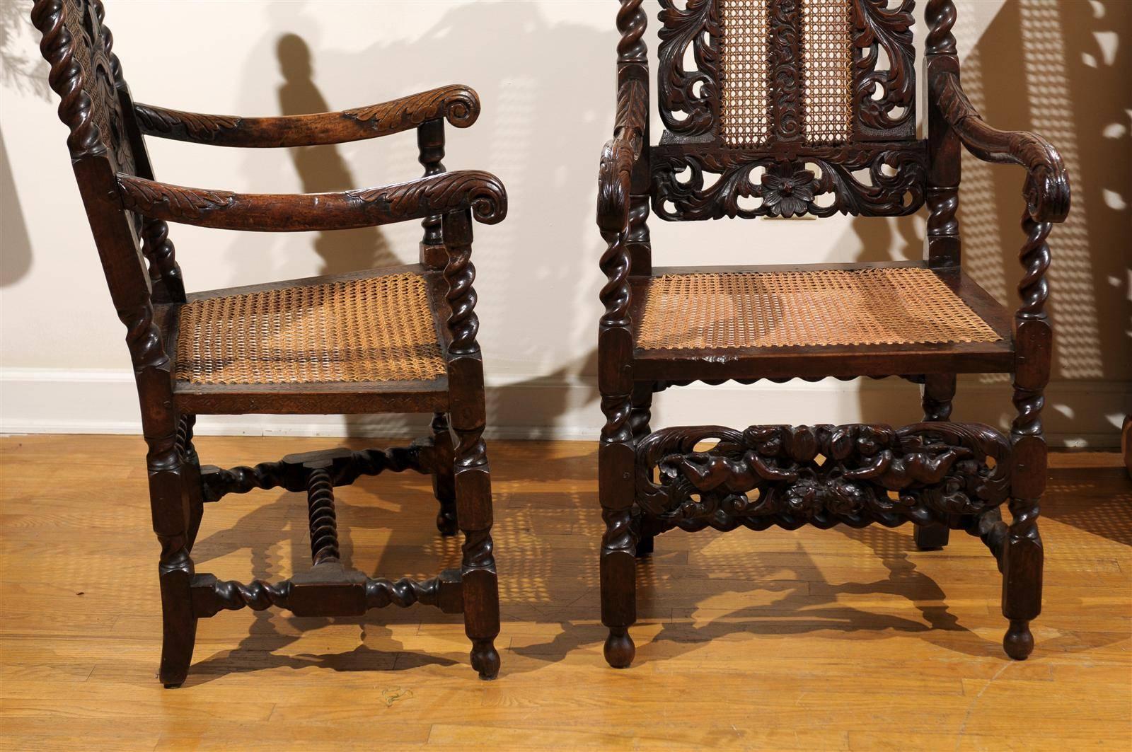 Pair of English 17th Century Barley Twist  Arm Chairs For Sale 1
