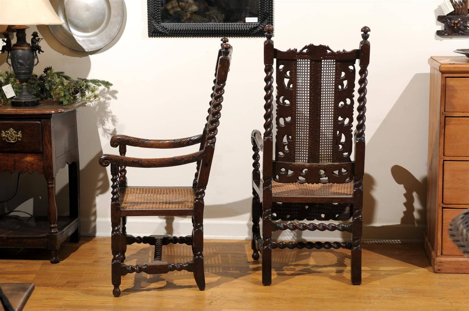 Pair of English 17th Century Barley Twist  Arm Chairs In Fair Condition For Sale In Atlanta, GA