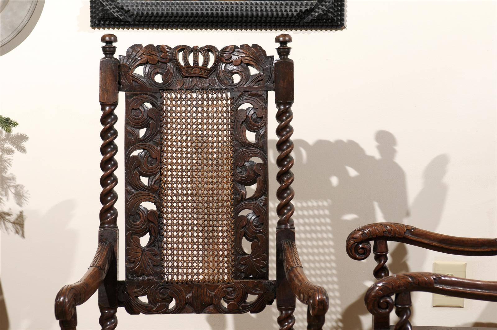 Hand-Woven Pair of English 17th Century Barley Twist  Arm Chairs For Sale