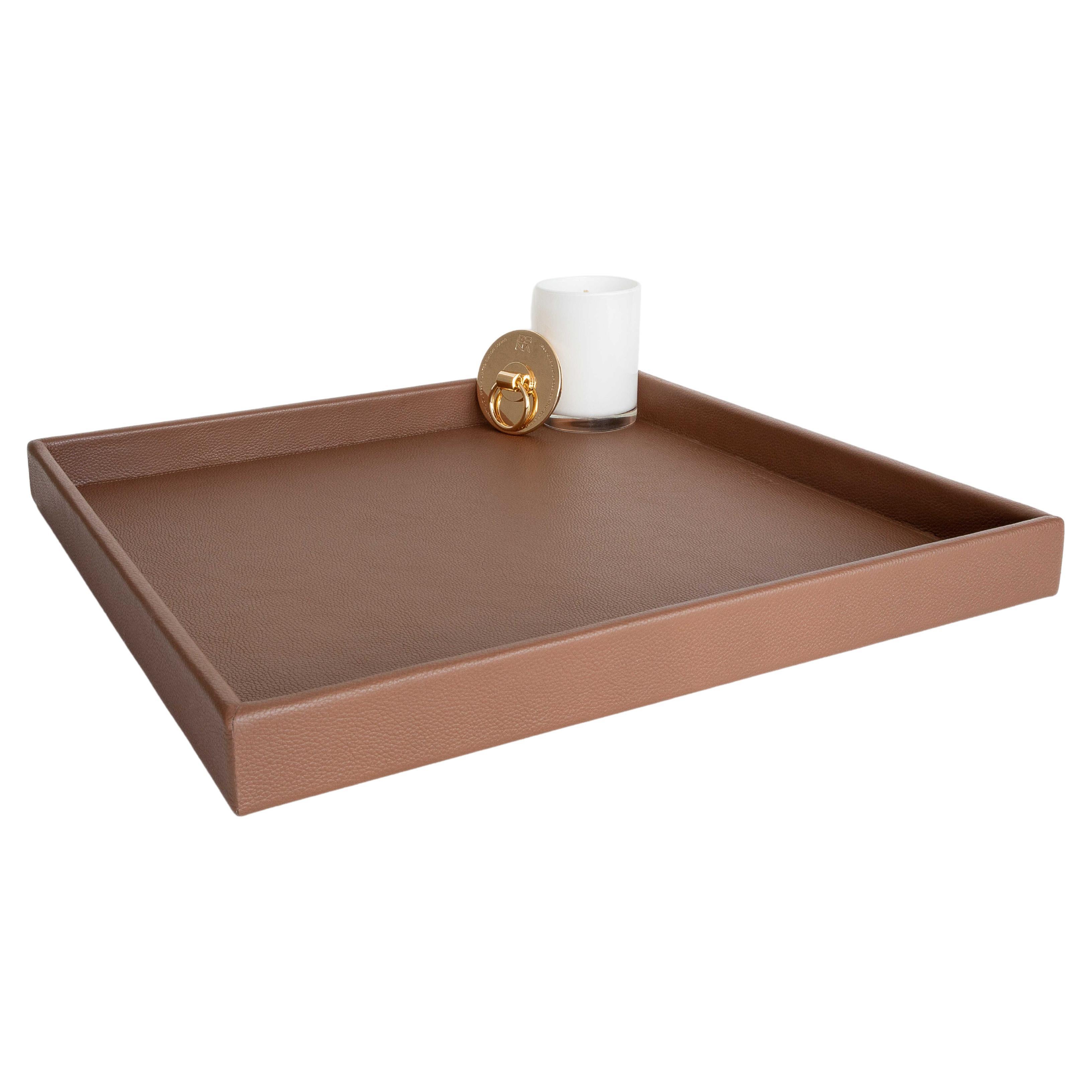 Leather Tray, Large B Square Tray, Handmade in Brazil - Color: Caramel For Sale