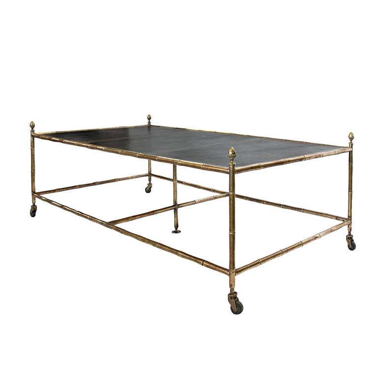 A Rare Over-sized Brass Bamboo Coffee Table with a Leather Top In Good Condition In Chicago, IL