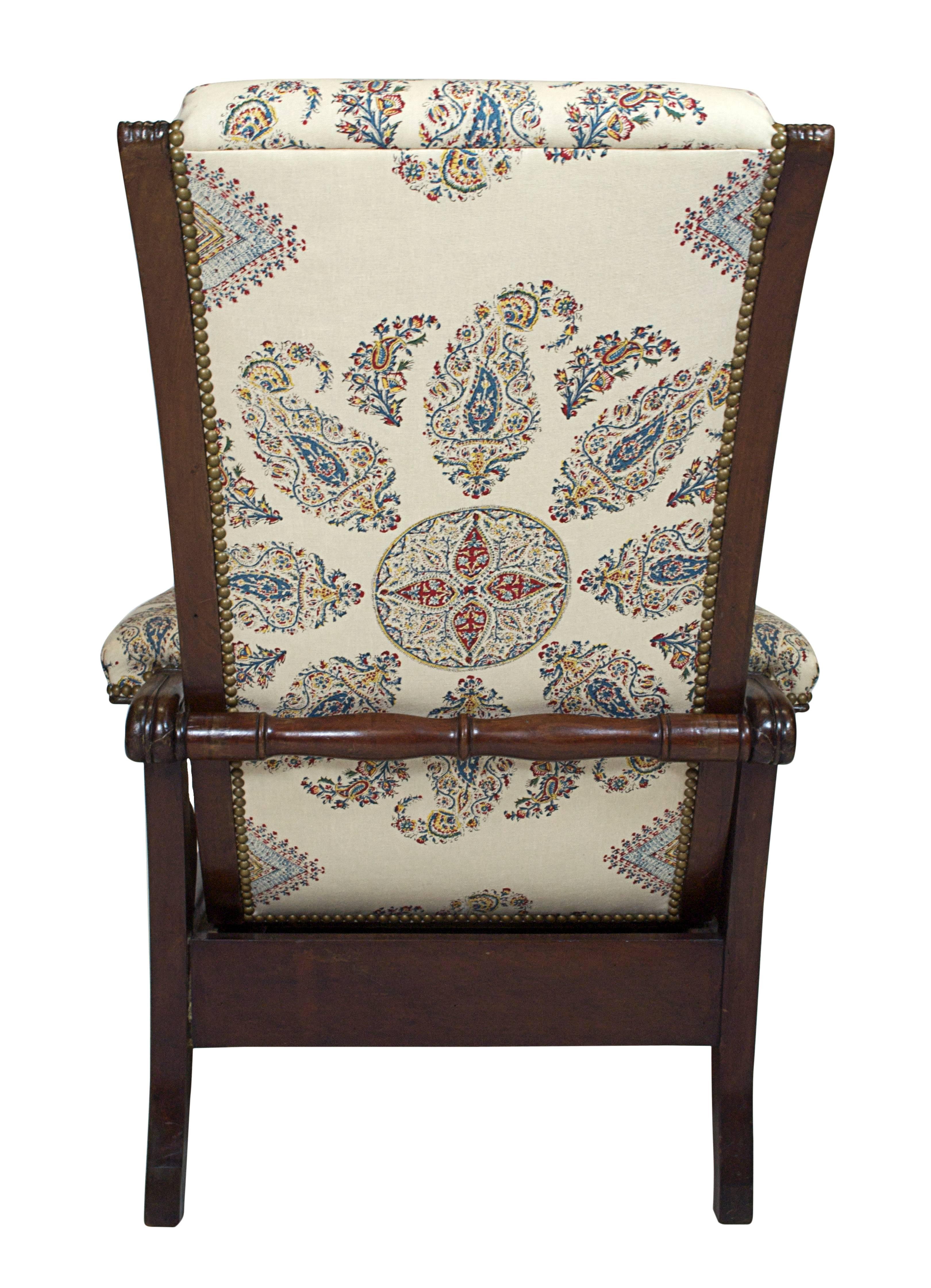 Mid-19th Century Late Empire Mahogany Armchair Featuring Hand-Printed Blue and Red Paisley Linen