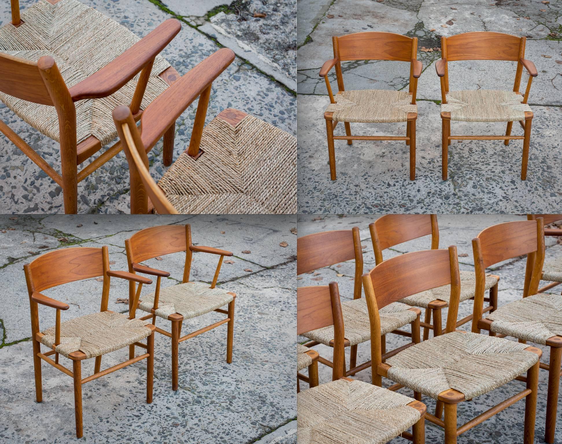 20th Century Vintage Børge Mogensen Set of Eight Grass Seat Dining Chairs For Sale