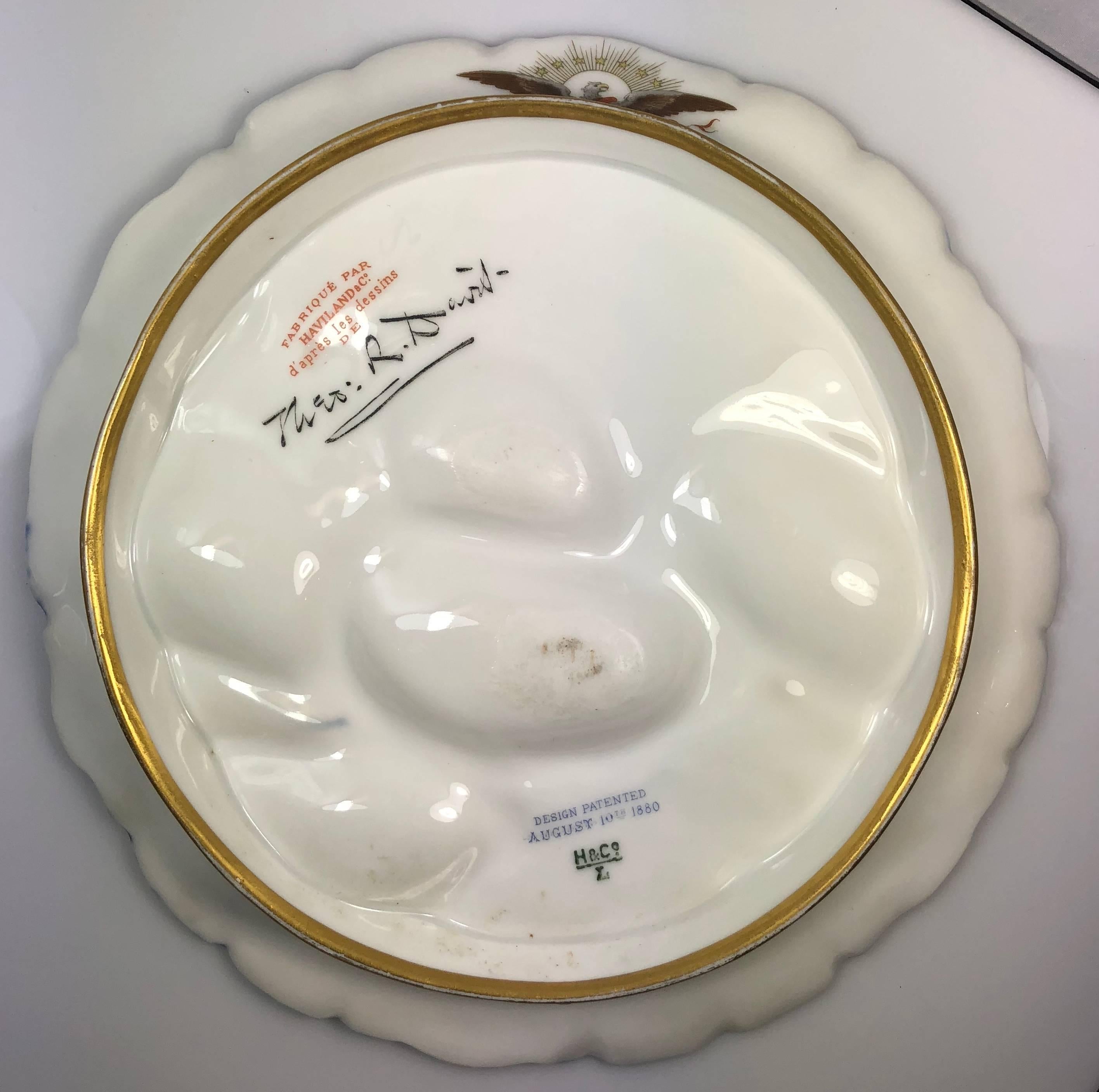 Antique French, Haviland Limoges Turkey pattern oyster plate for Rutherford B. Hayes, signed by Theo Davis, circa 1880.