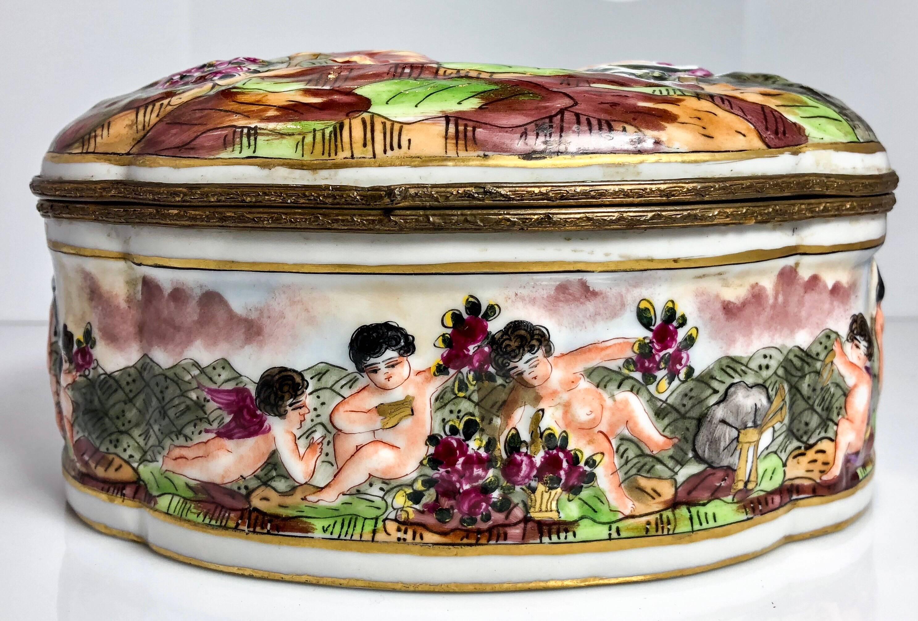 Antique French porcelain jewel box in the Capo Di Monte style, circa 1890.