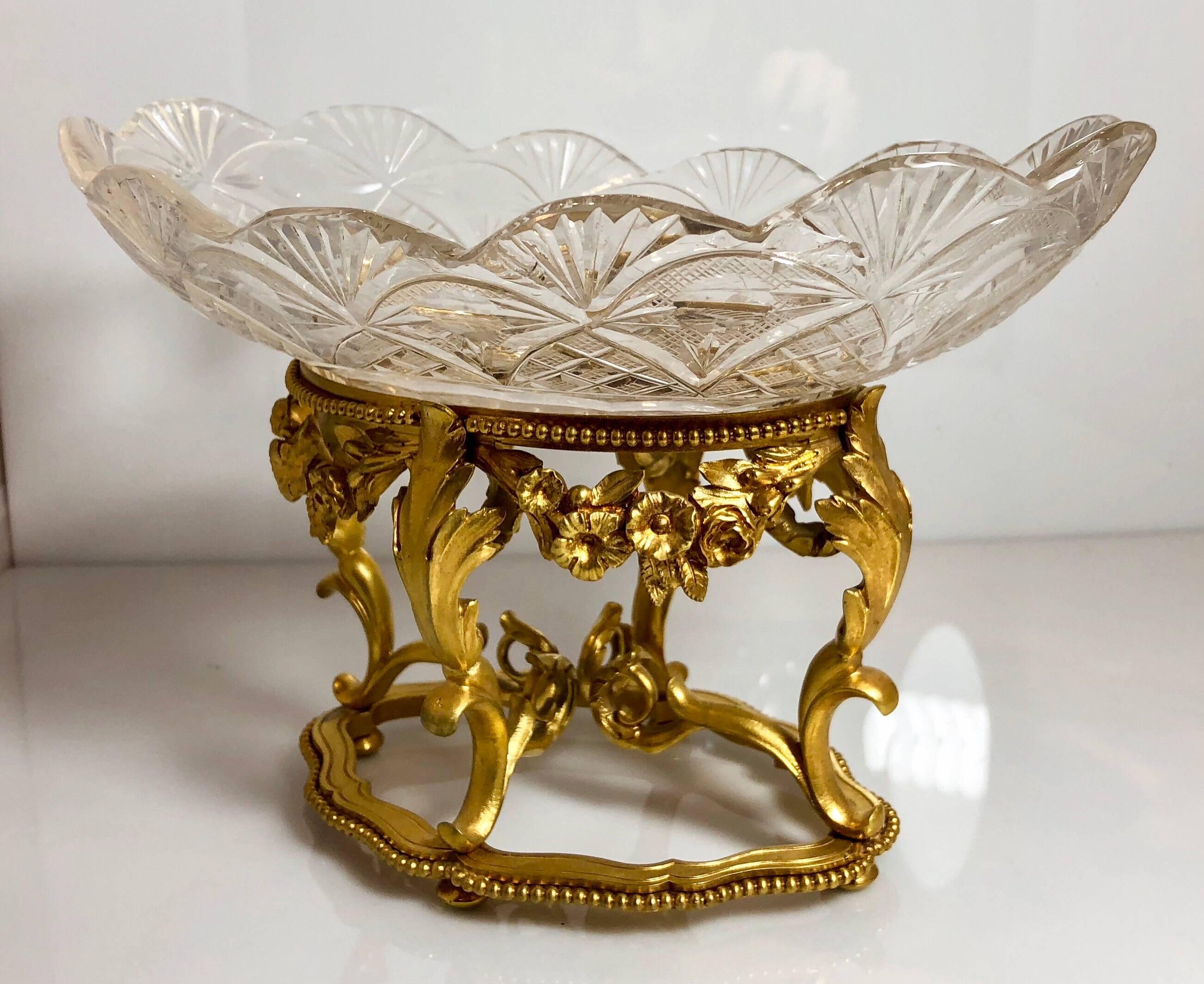 19th Century Antique French Cut Crystal Bronze D'ore Coupe, circa 1880-1890
