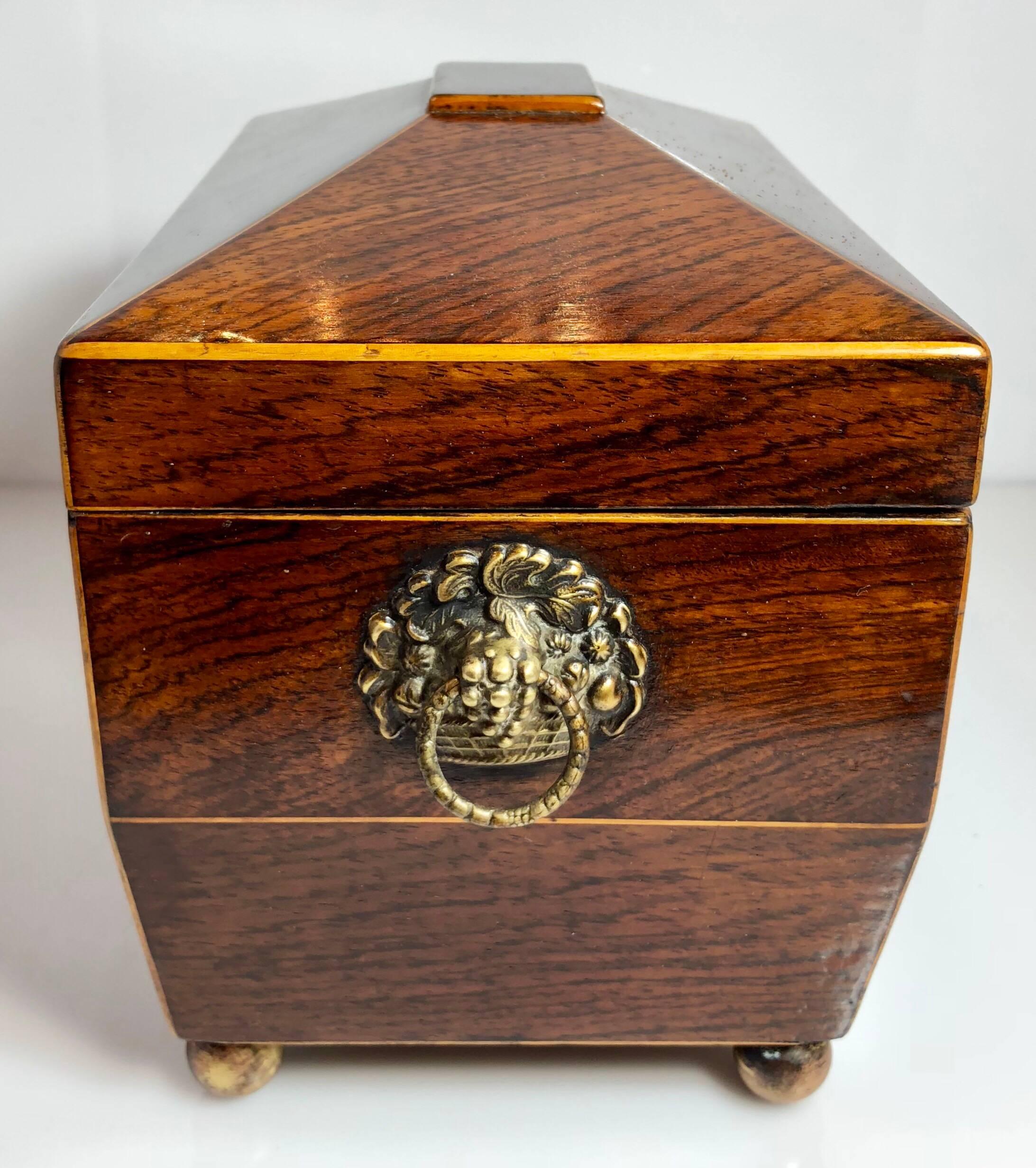 Antique English Rosewood Tea Caddy with Brass Mounts, circa 1880 In Excellent Condition In New Orleans, LA
