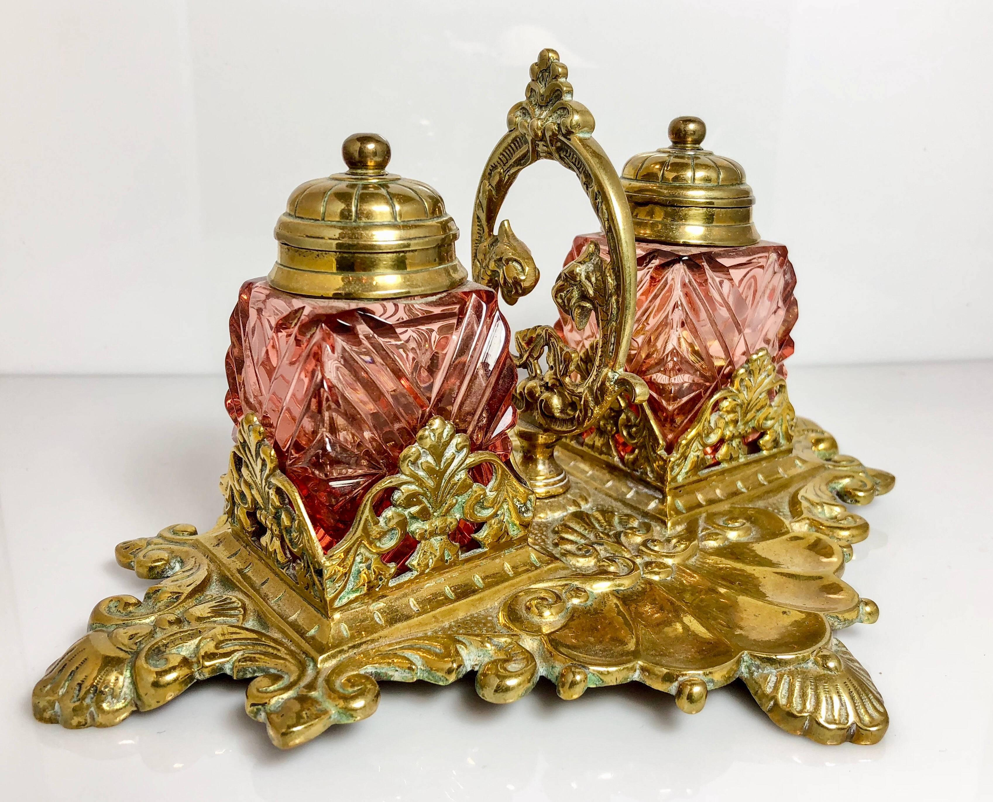 Antique English ruby glass and brass inkwell.