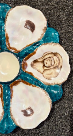 Antique Continental Hand-Painted Teal Porcelain Oyster Plate, Circa 1880-1890.