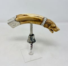 Antique American Carved Boars Tusk & Sterling Silver Mounts Corkscrew Circa 1900