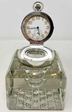 Antique English Sterling Silver Mounted Cut Crystal Watch Ink Well, Circa 1900's