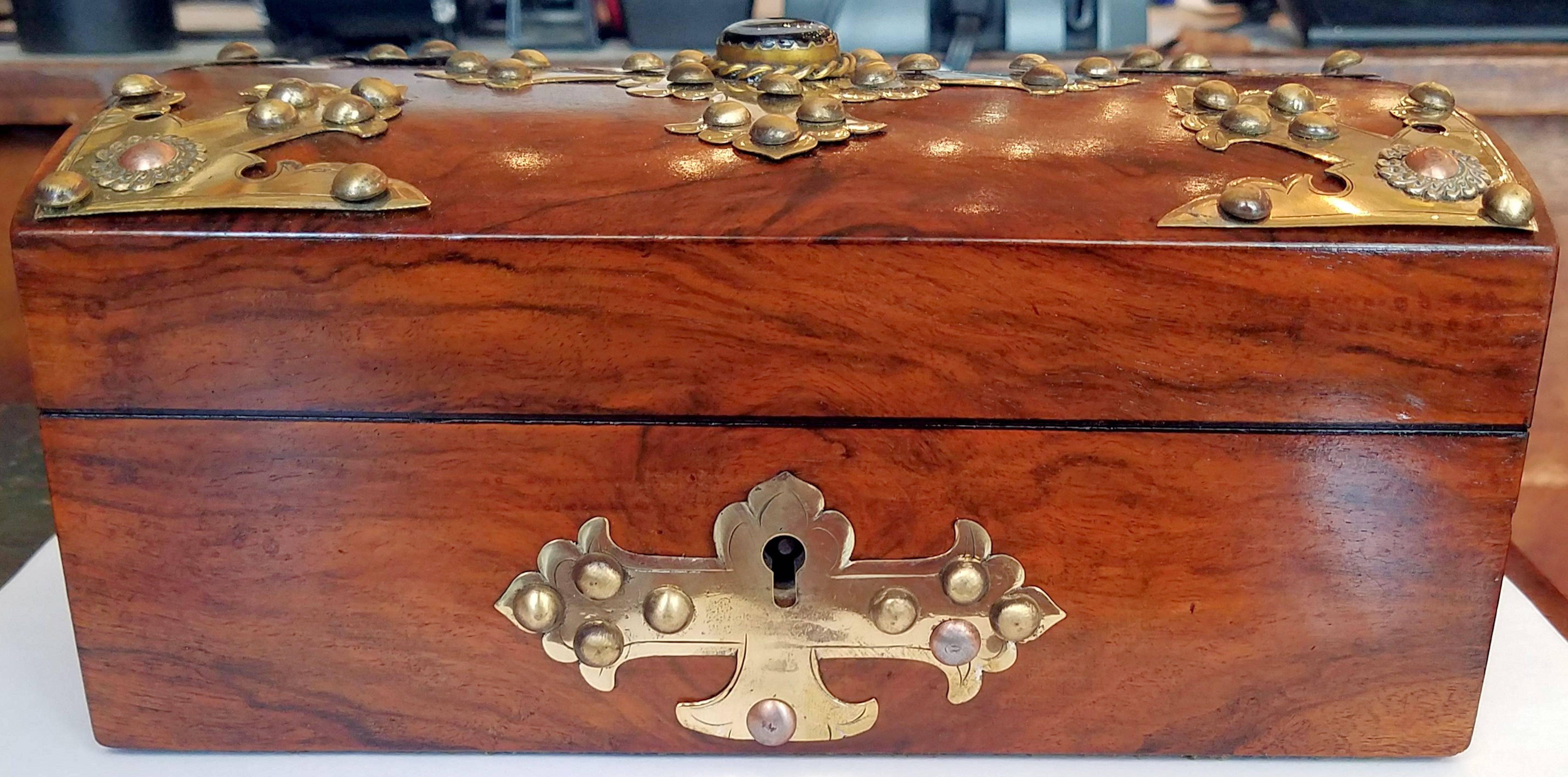 Antique black walnut jewel box with brass mounts and banded agate.