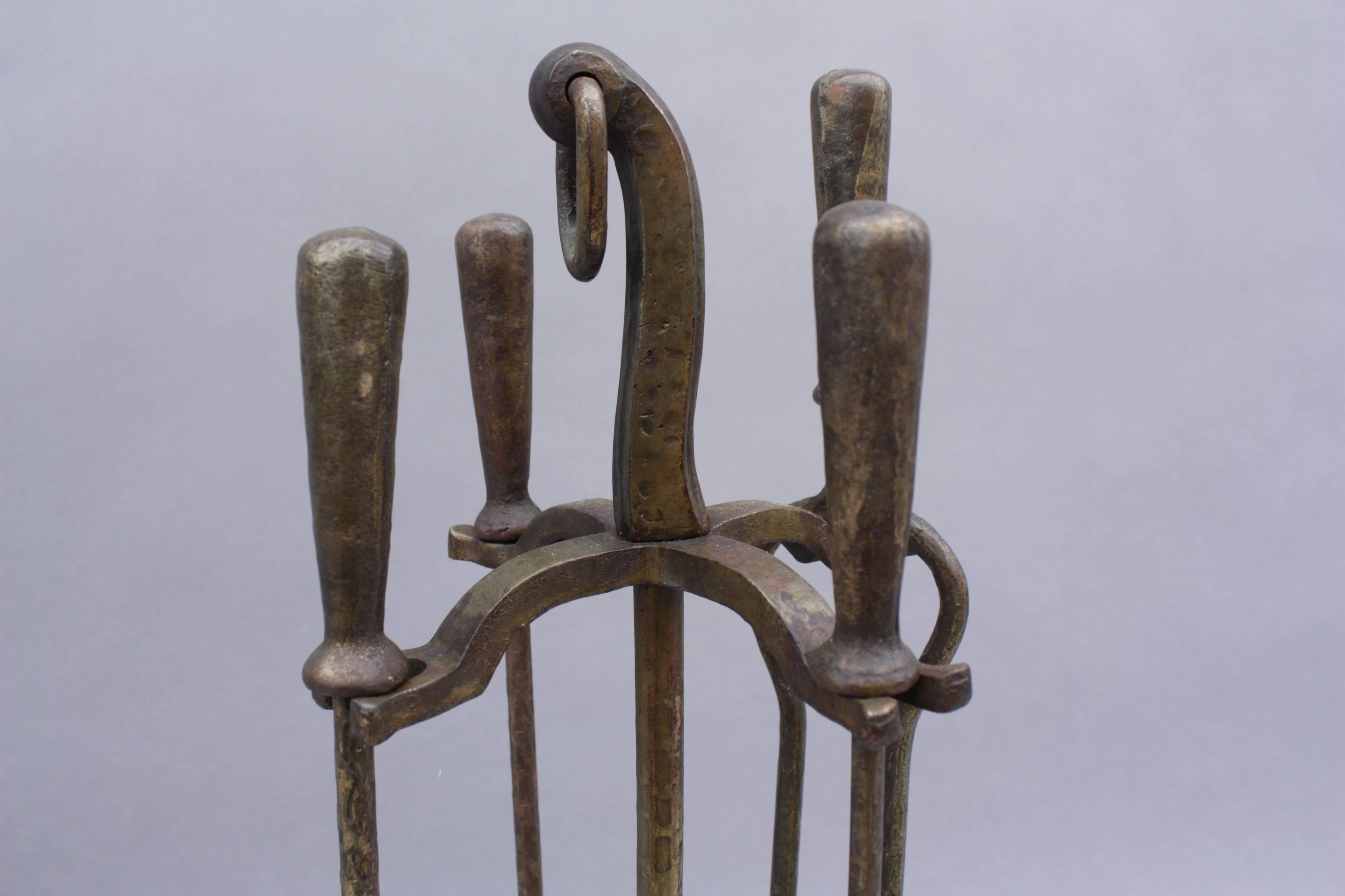 Spanish Colonial 1920s Cast Iron Hammered Fire Tool Set