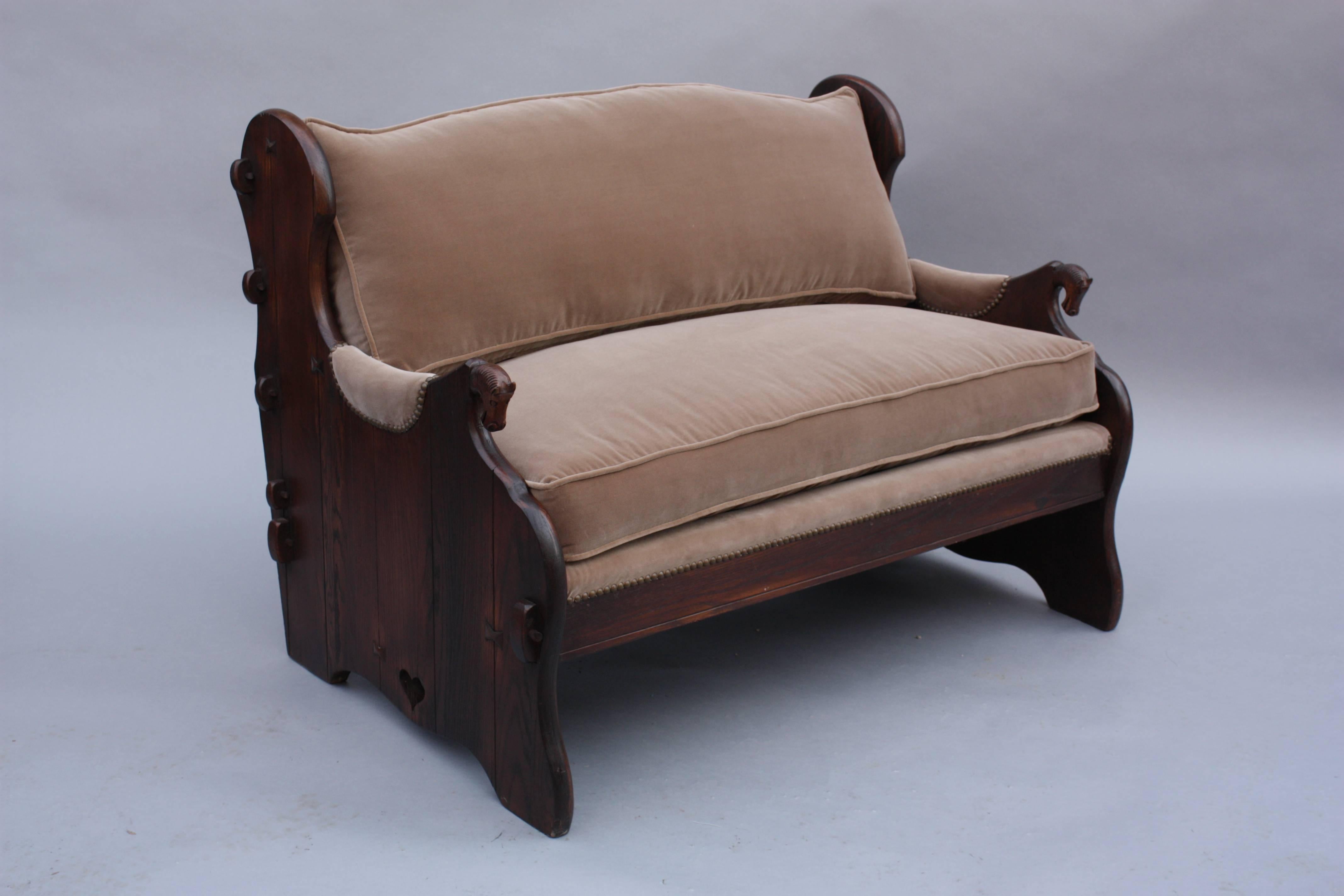 Early 20th Century 1920s Small Spanish Revival Sofa Love Seat with Horse Motif