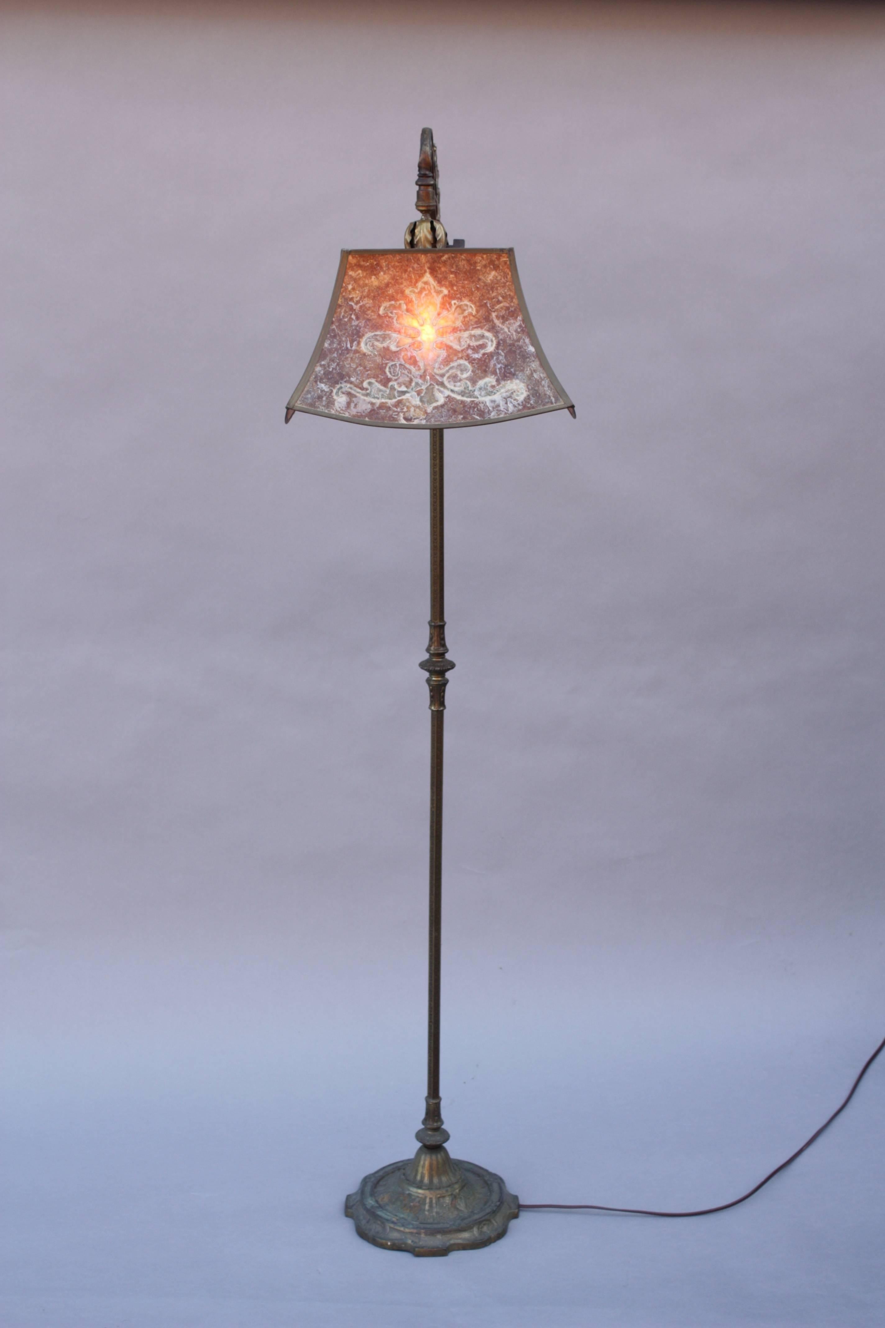 1920s Spanish Revival / Tudor floor lamp with hard to find knight motif and beautiful original mica shade.