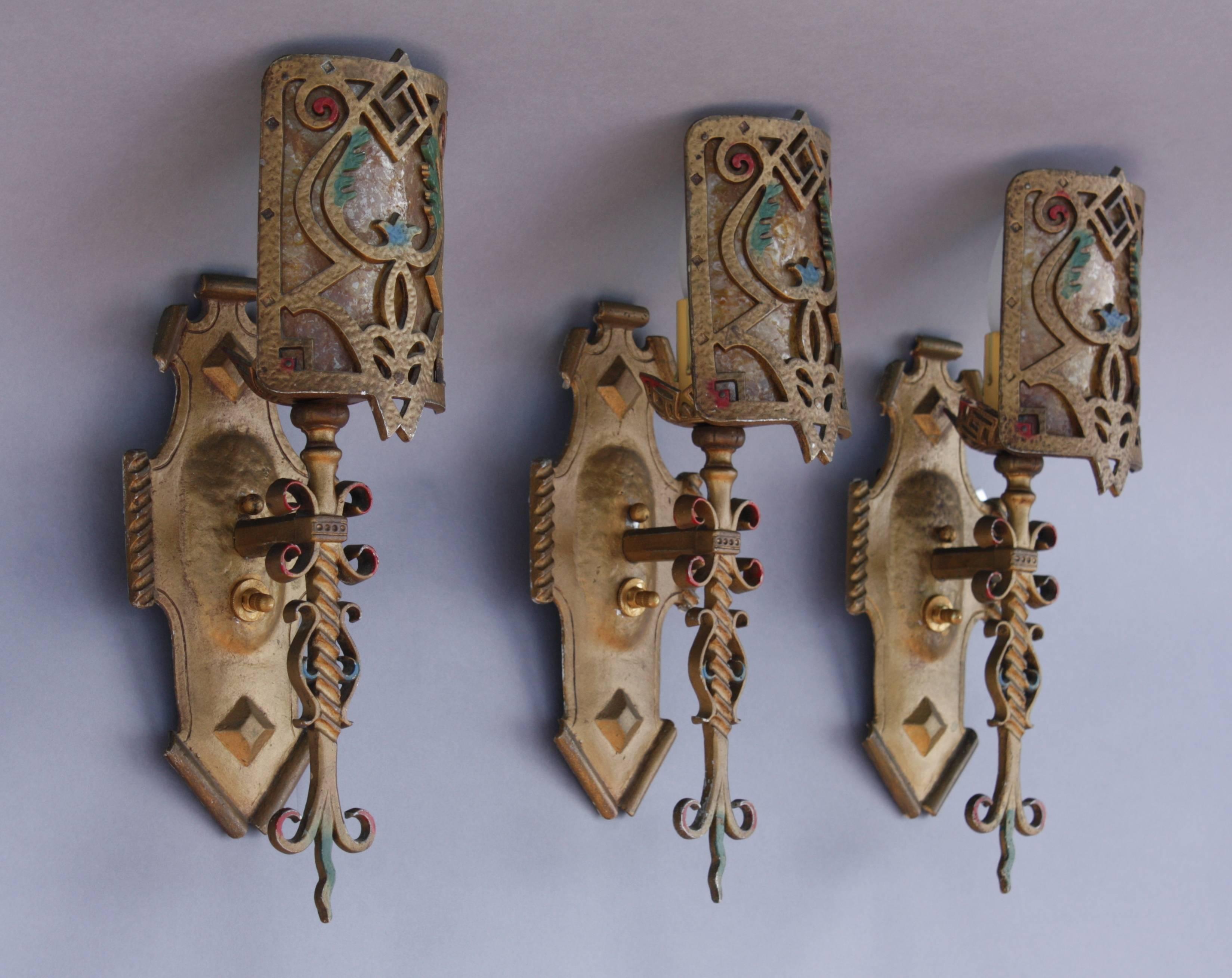American Single-Light Polychrome Sconces with Mica Shield For Sale