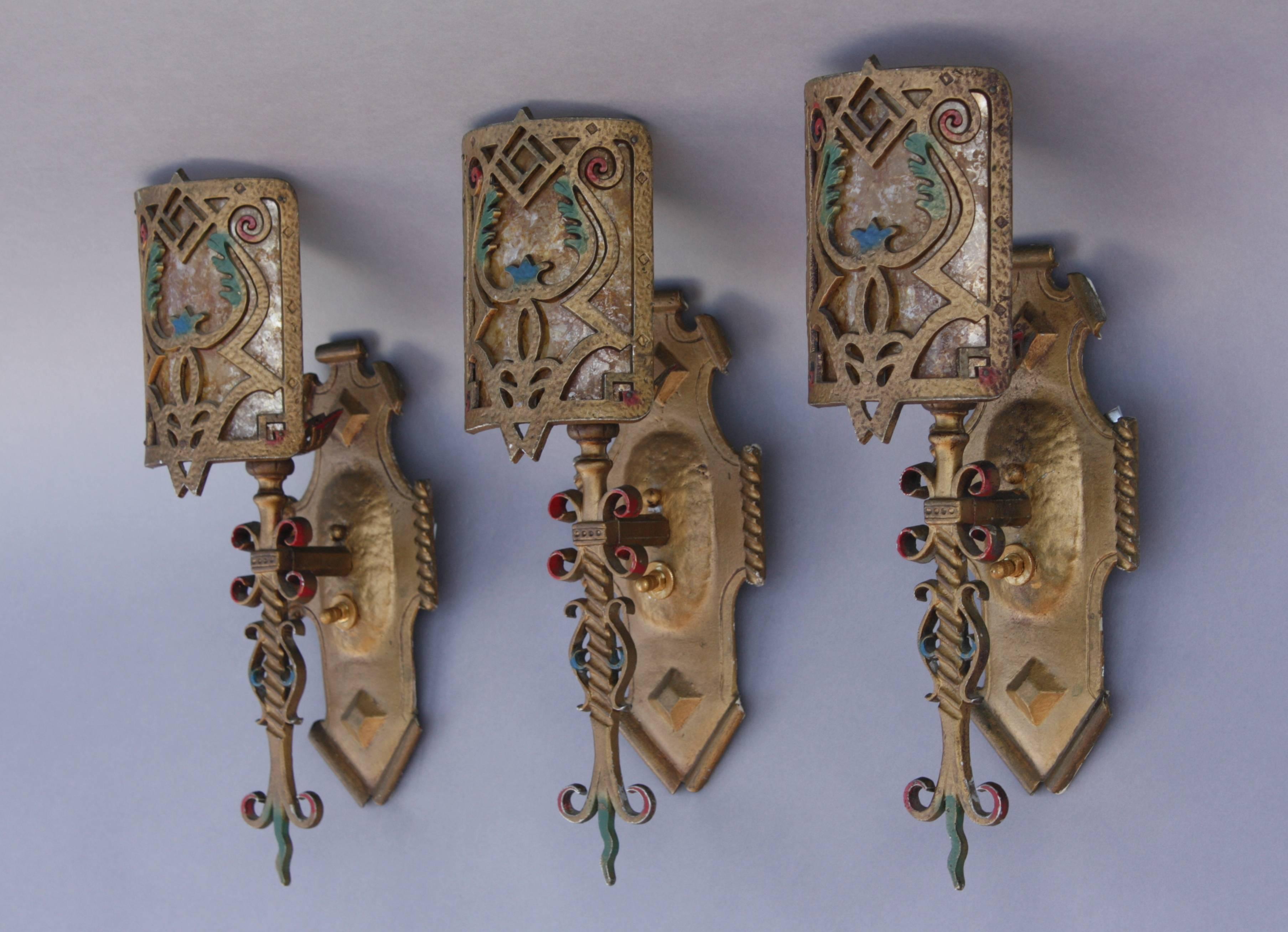 Single-Light Polychrome Sconces with Mica Shield In Good Condition For Sale In Pasadena, CA