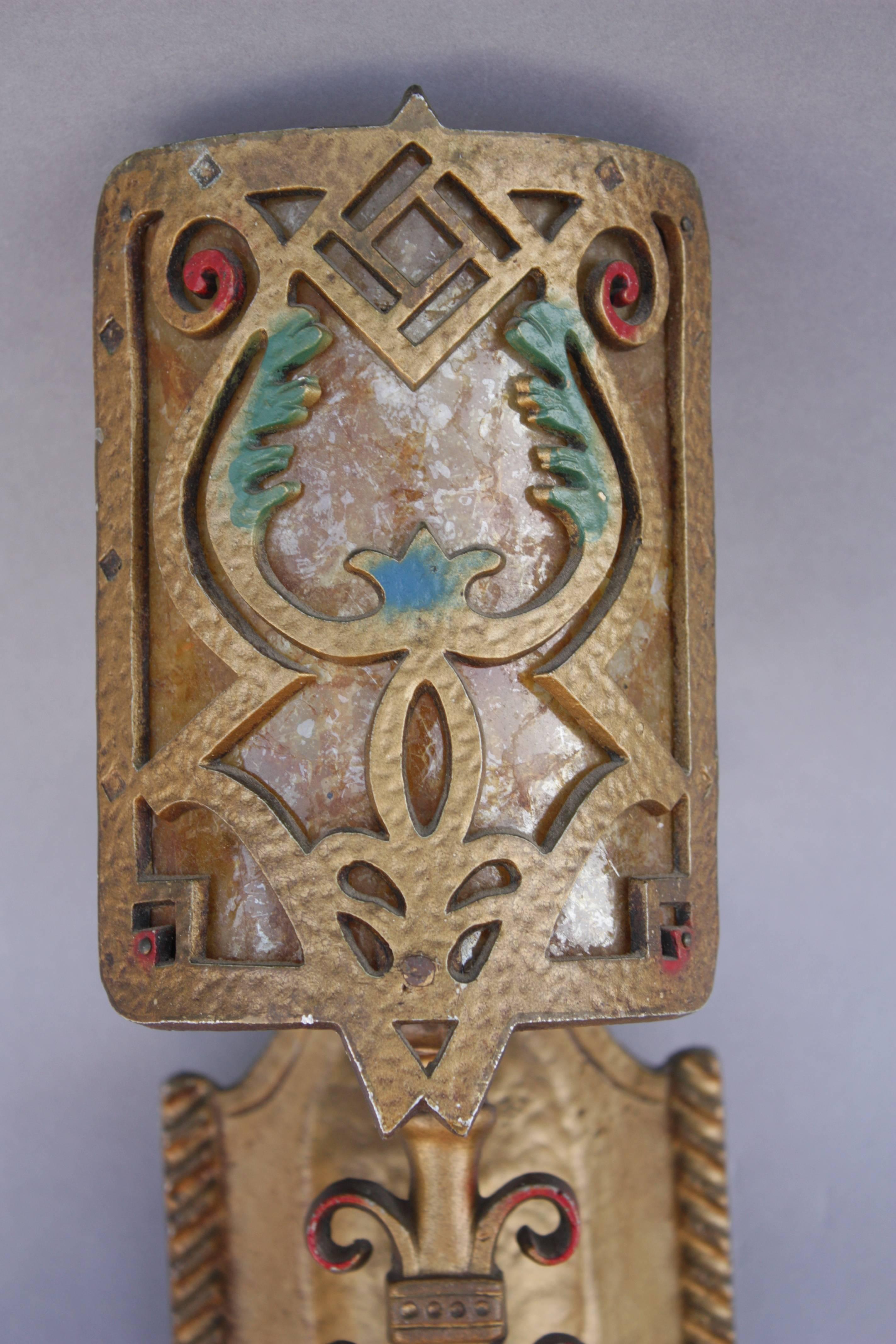 Early 20th Century Single-Light Polychrome Sconces with Mica Shield For Sale