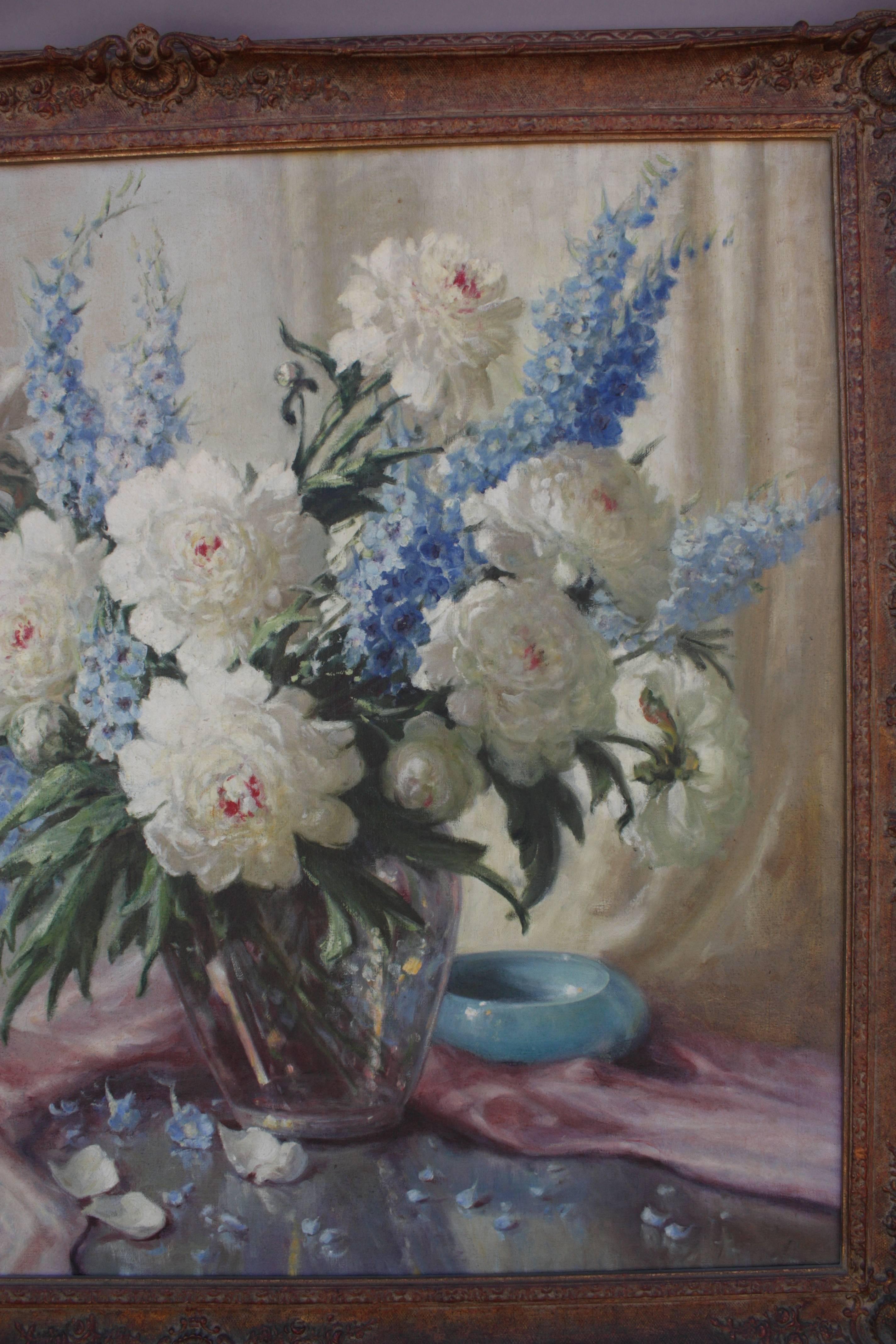American Large Oil Painting of Peonies and Delphiniums by V A Richardson