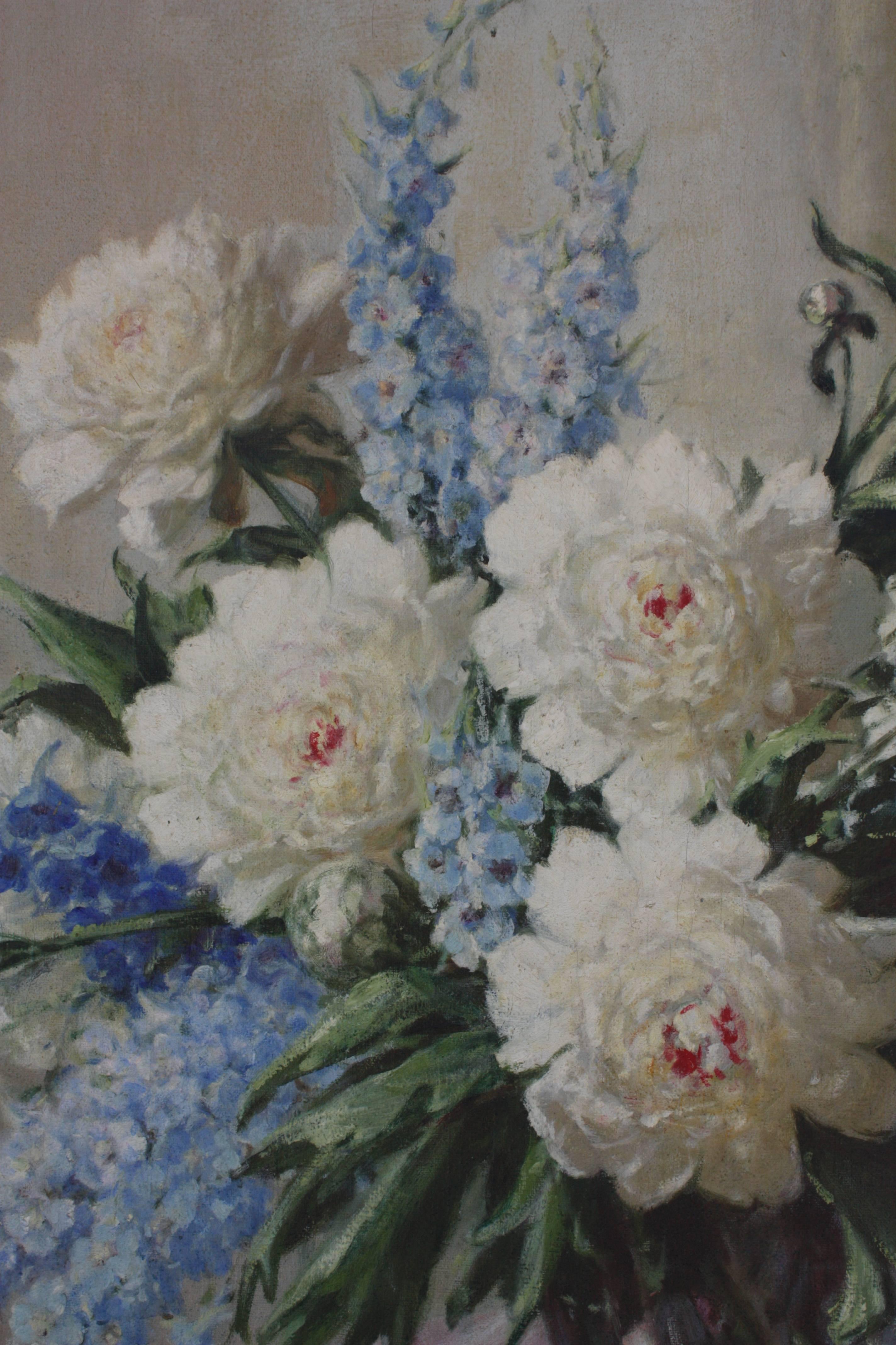 20th Century Large Oil Painting of Peonies and Delphiniums by V A Richardson