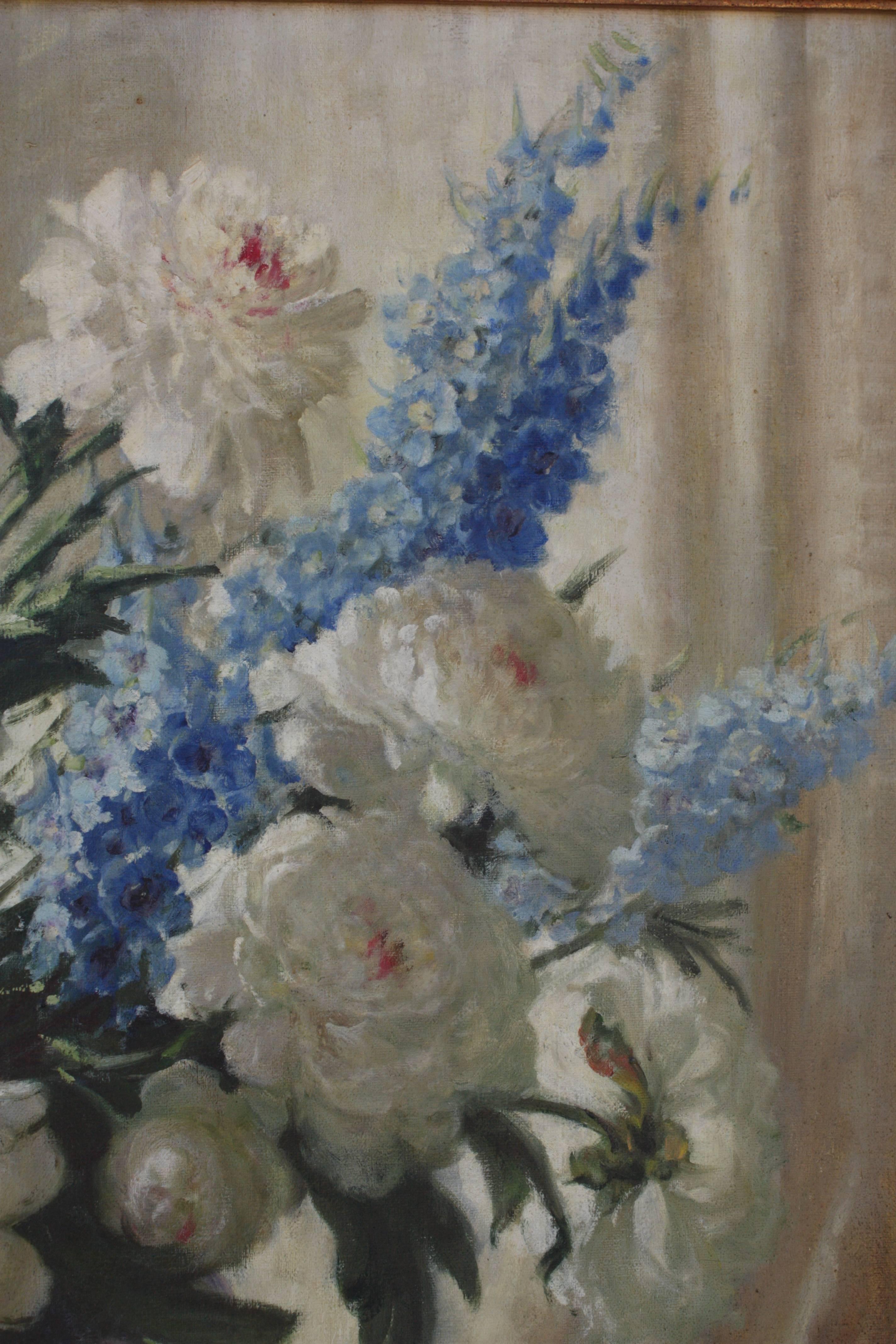 Wood Large Oil Painting of Peonies and Delphiniums by V A Richardson
