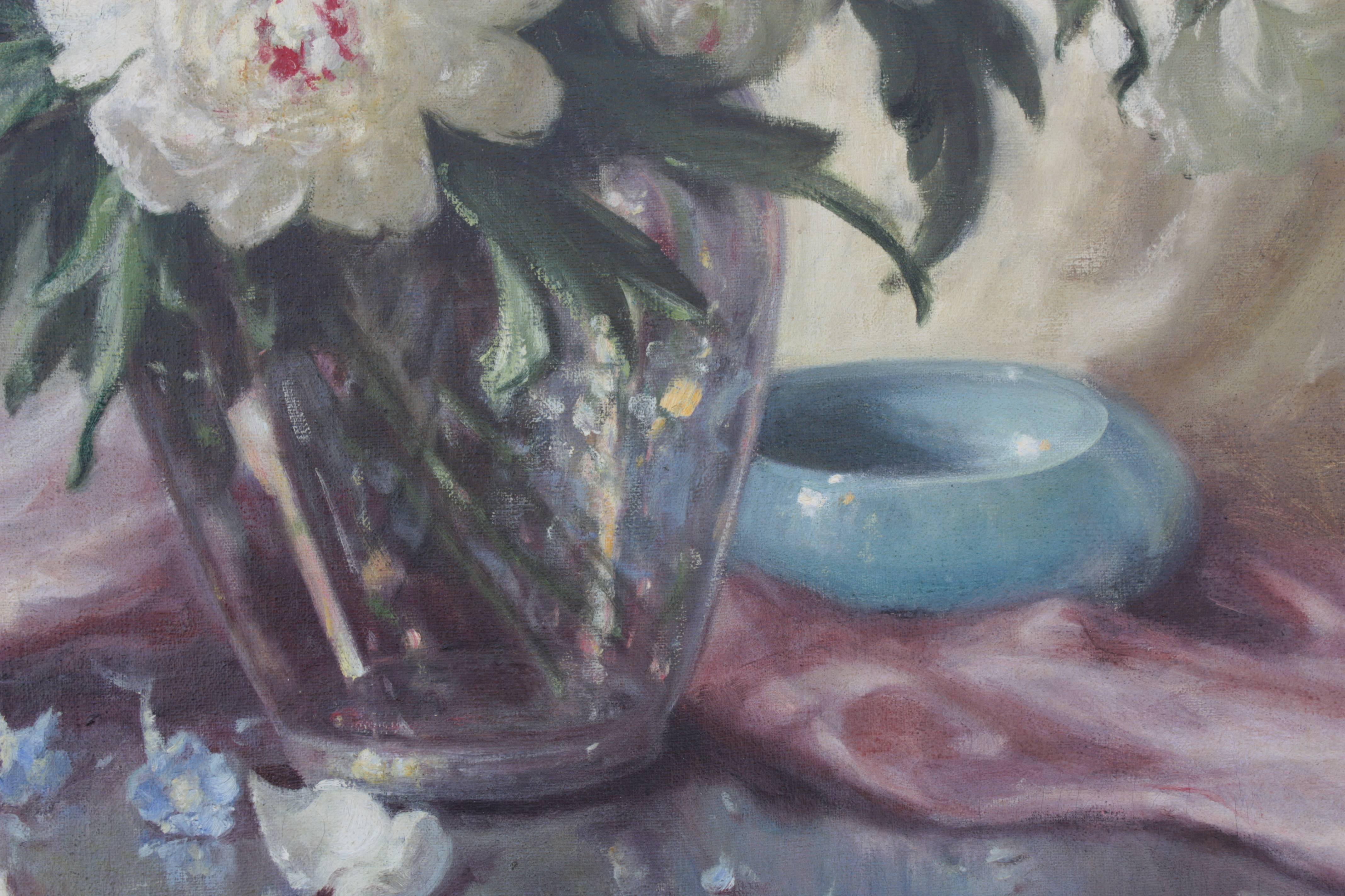 Large Oil Painting of Peonies and Delphiniums by V A Richardson 2