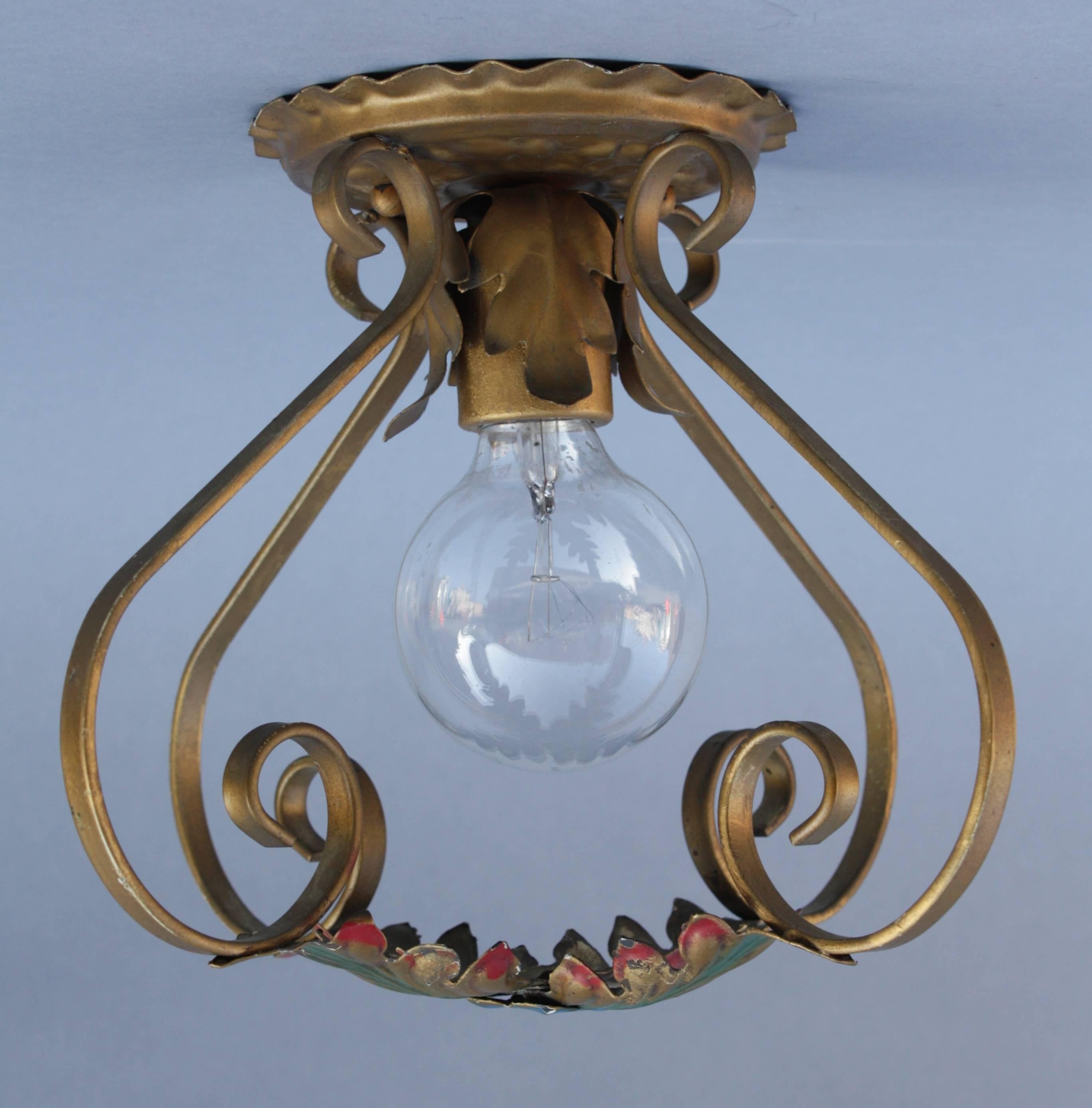 North American 1920s Ceiling Flush Light with Original Polychrome Finish