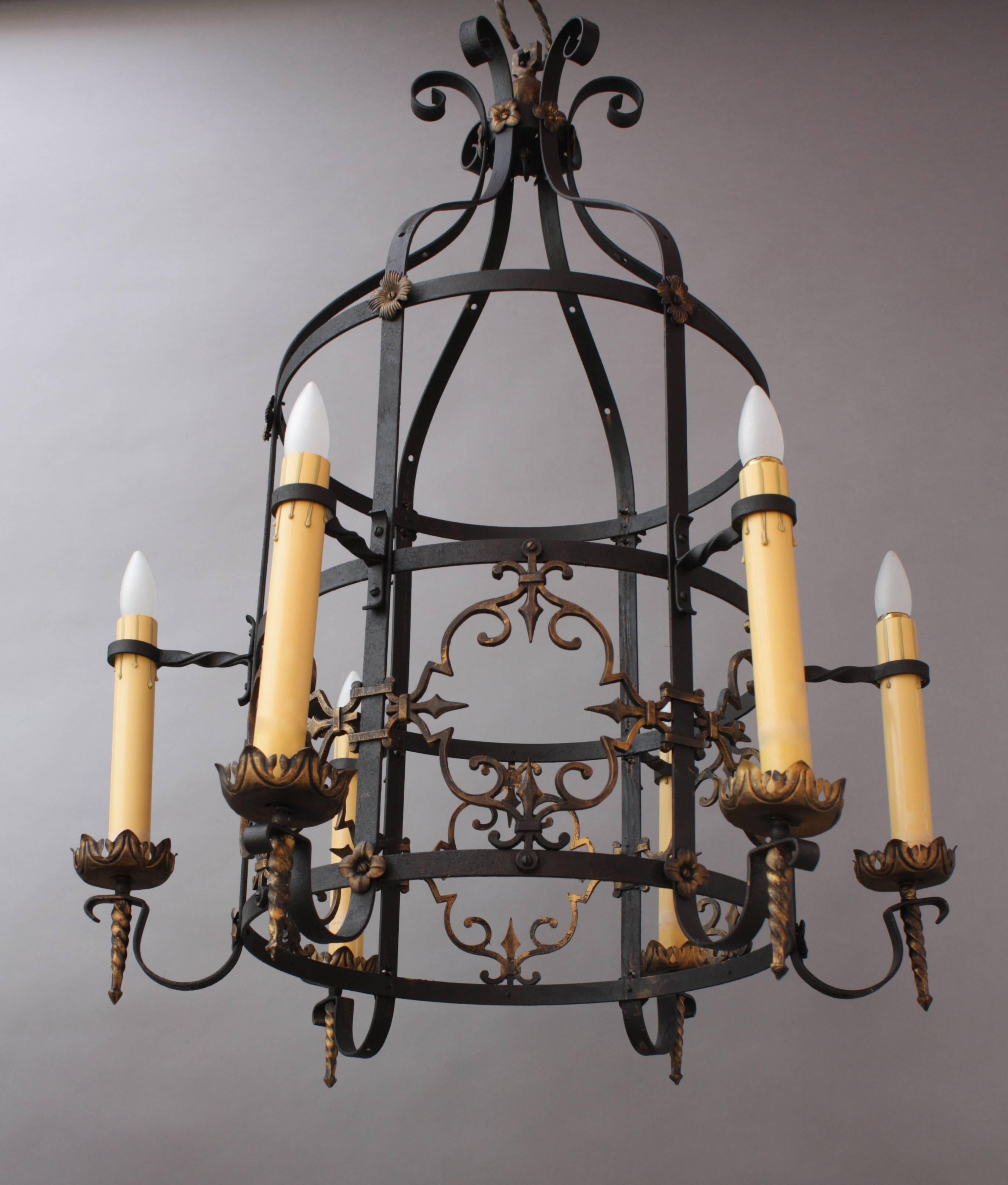 North American Exceptional Spanish Revival Large-Scale Bronze and Iron Chandelier