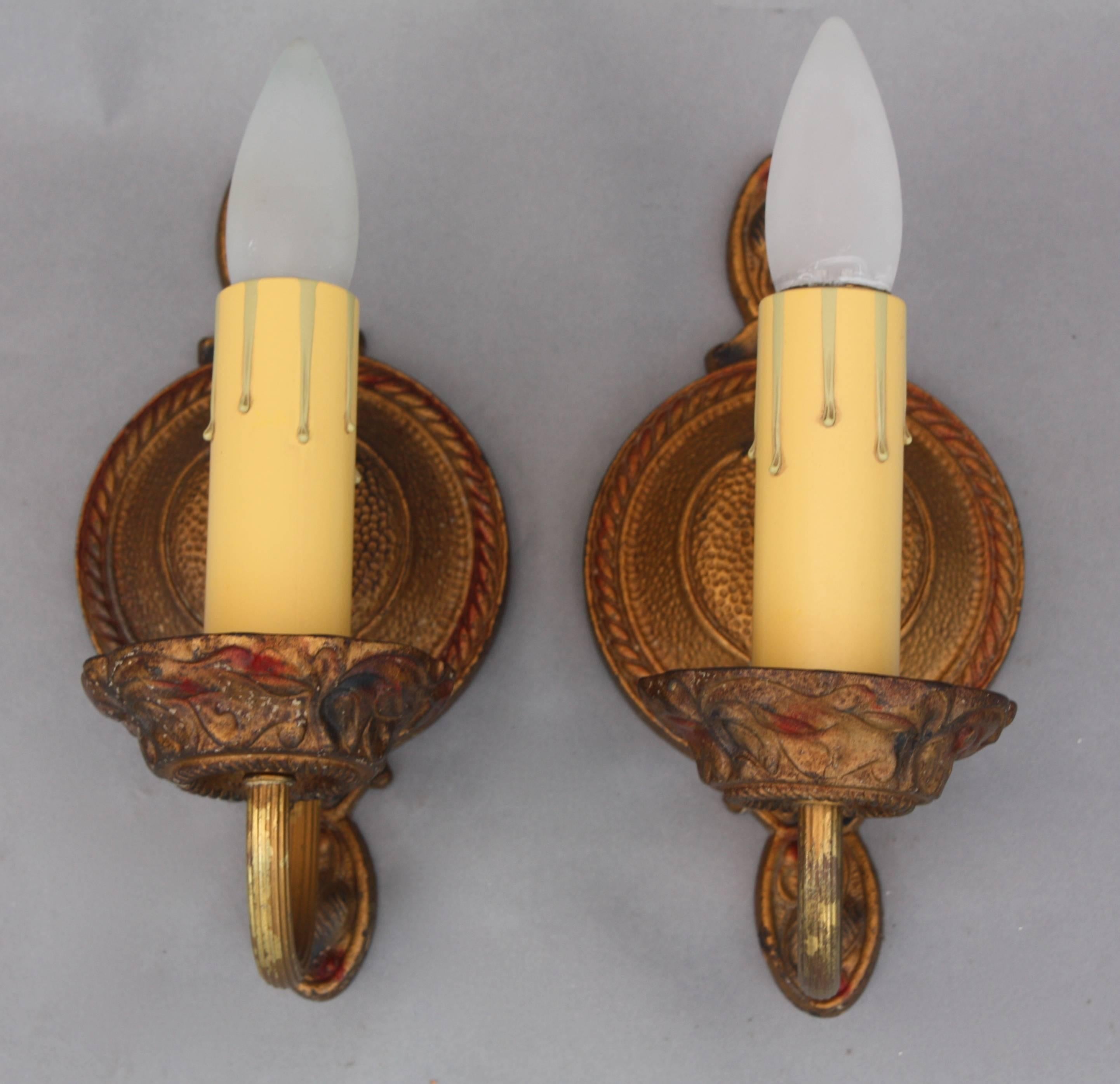 American Pair of 1920s Sconces with Circular Backplate with Polychrome Finish For Sale