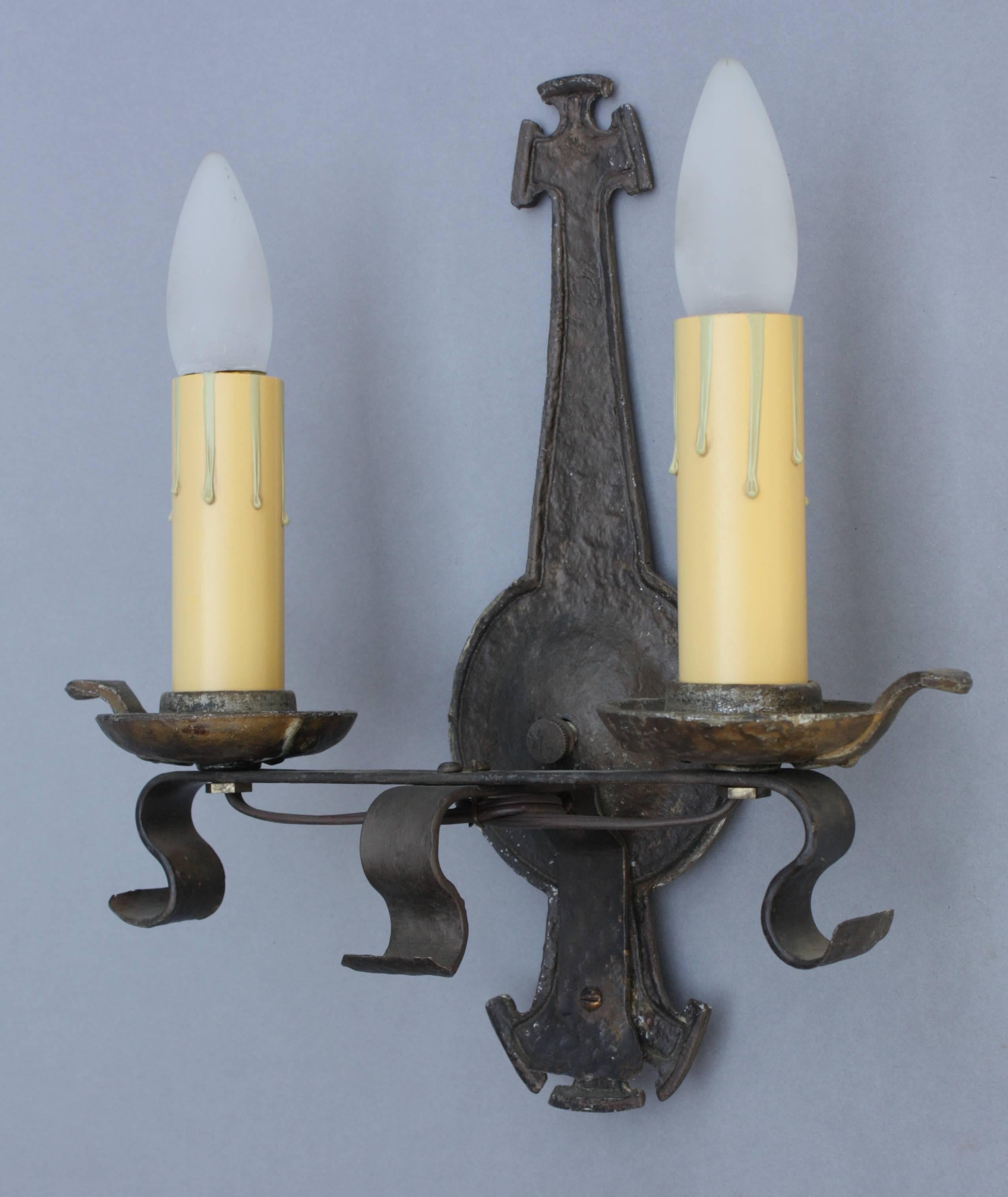 1920s Spanish Revival two-light sconce. Hand-wrought iron.