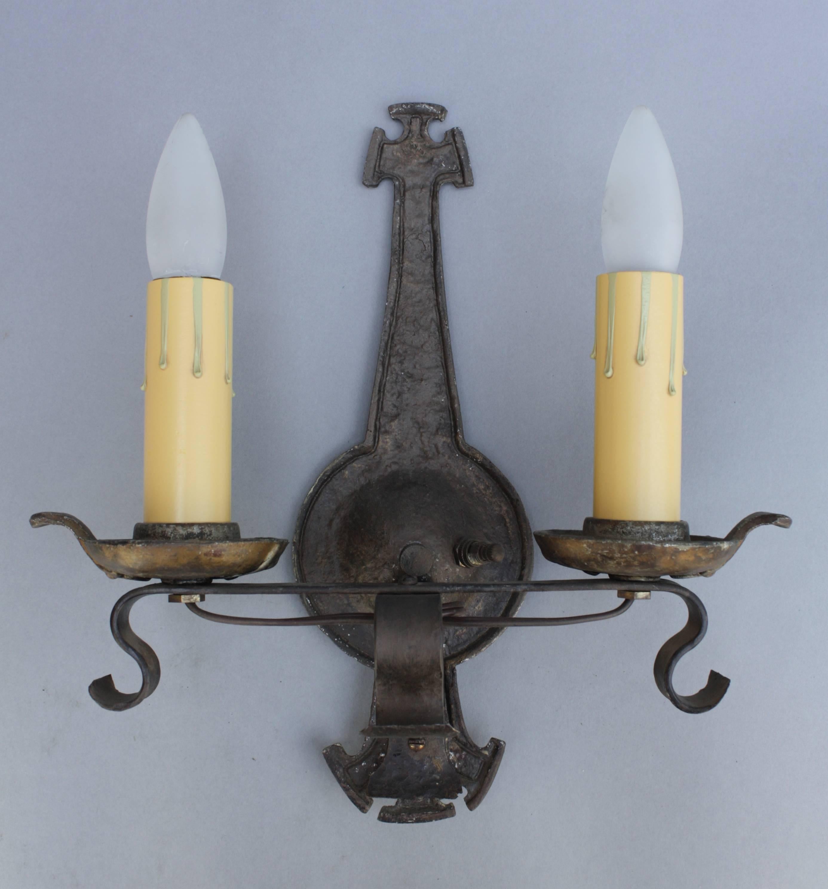 American 1920s Hand-Hammered Double Light Sconce For Sale