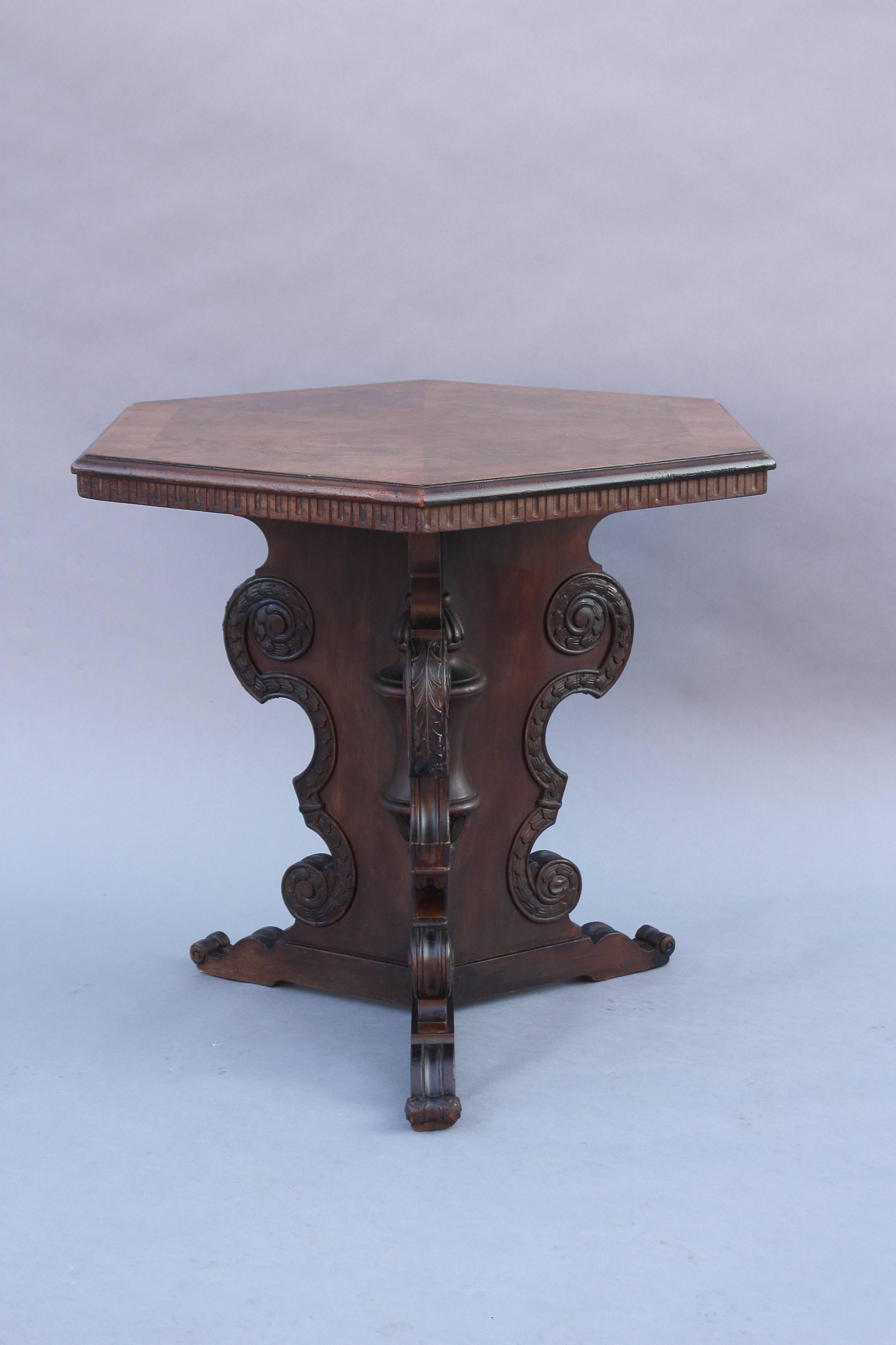 Spanish Colonial 1920s Hexagonal Walnut Table with Pedestal Base