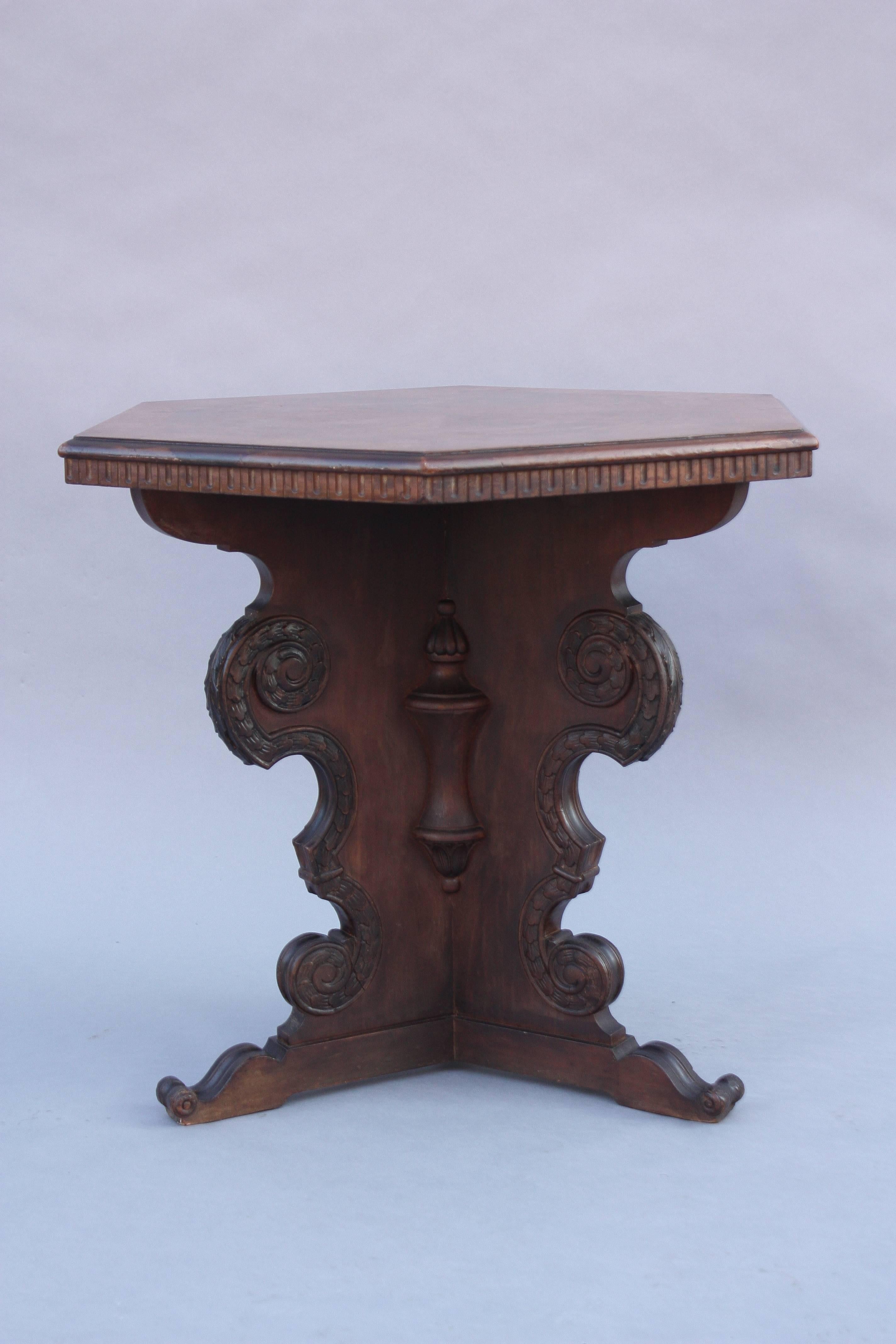 American 1920s Hexagonal Walnut Table with Pedestal Base
