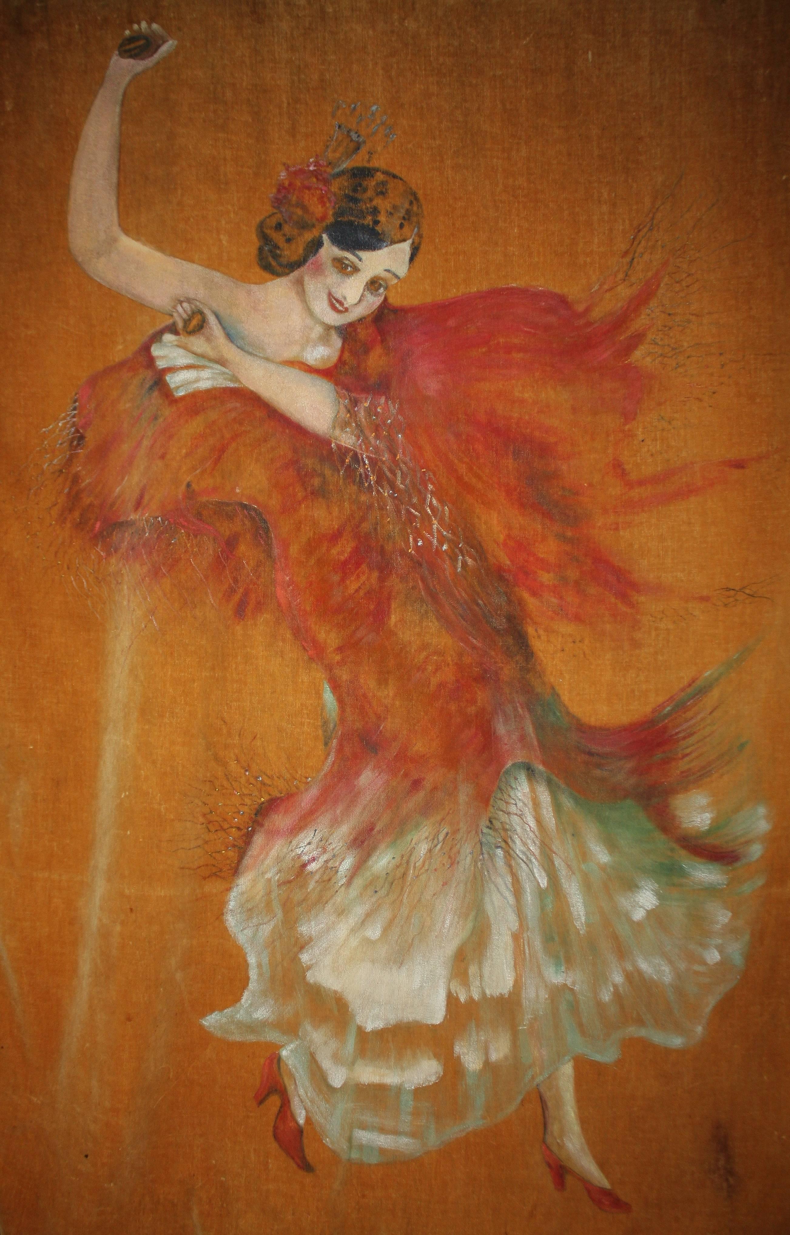 Spanish Colonial 1920s Dancing Señorita Hand-Painted Tapestry Panel For Sale