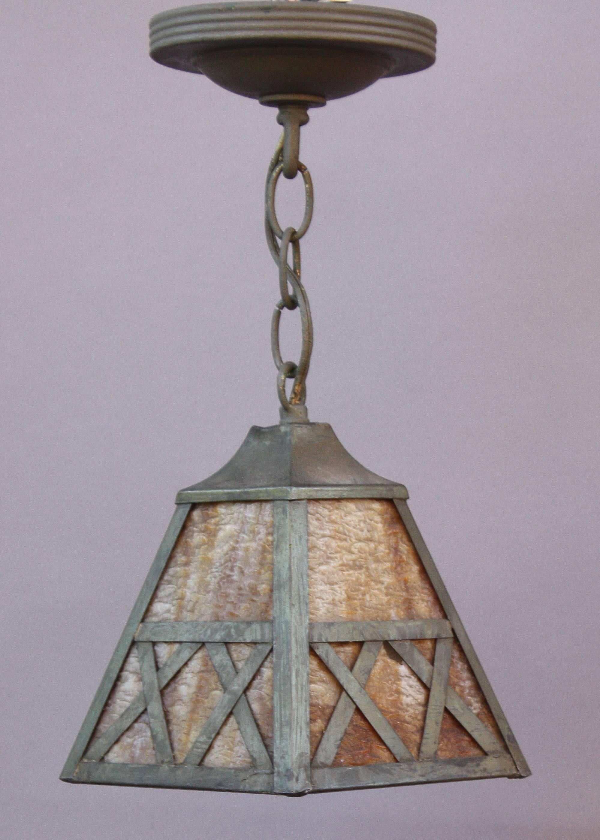 One of Two Arts and Crafts Pendant Lights In Good Condition In Pasadena, CA