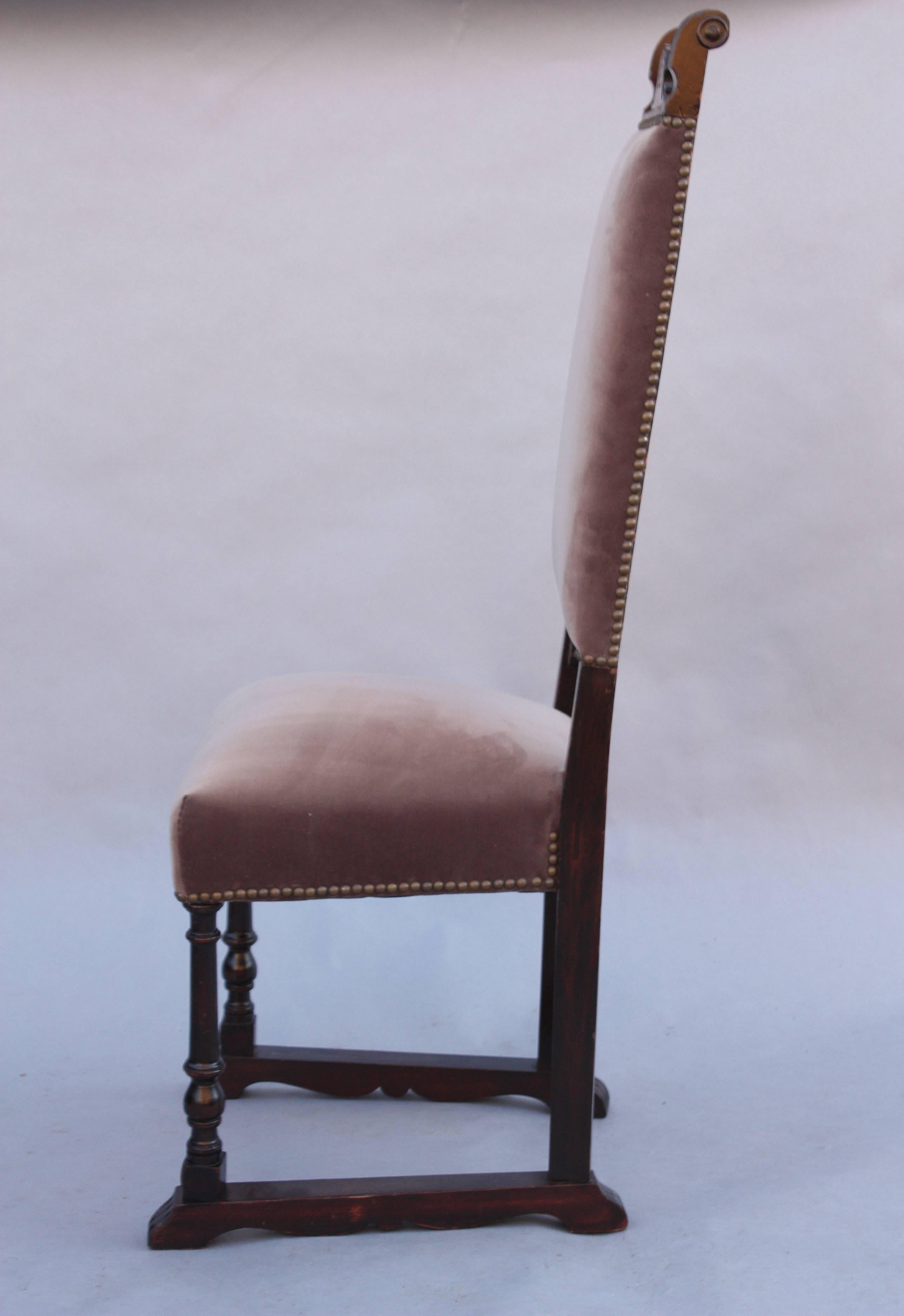 Beautifully carved tall back Spanish Revival side chair from the 1920s new velvet upholstery.