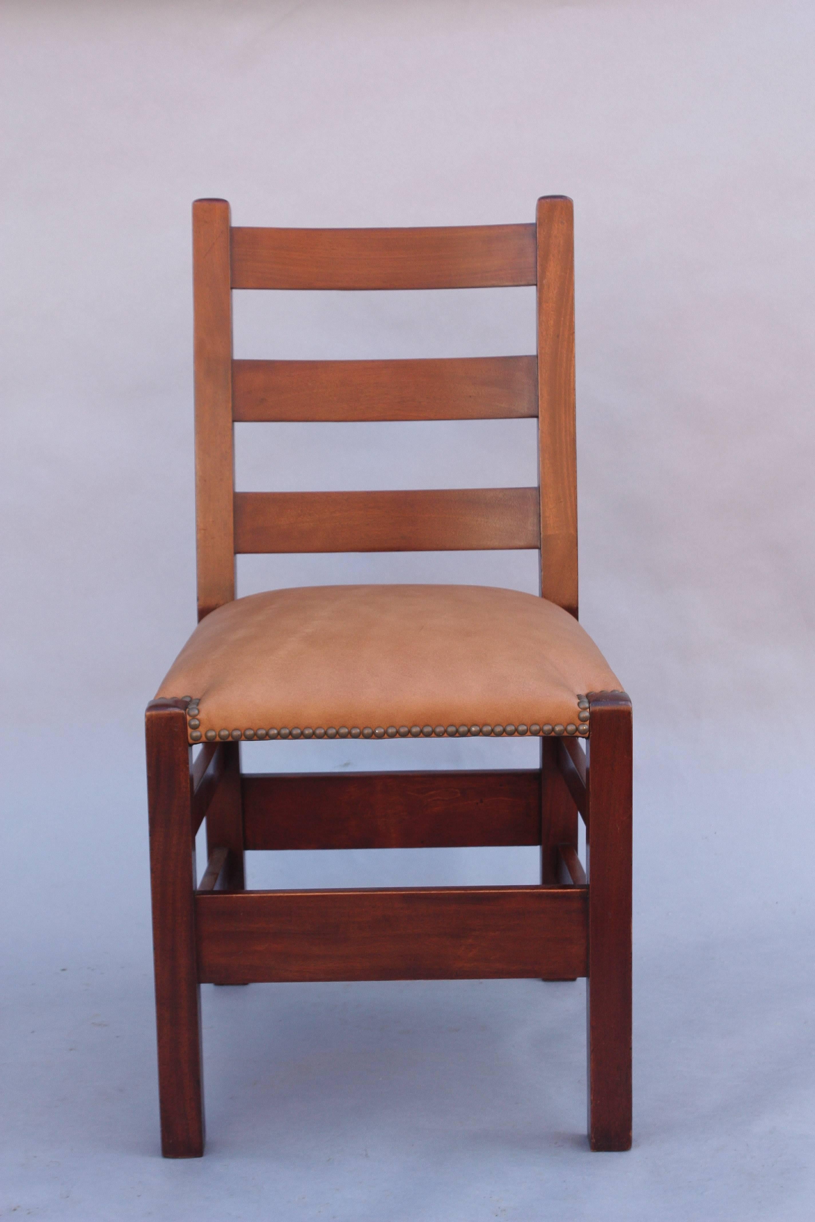 Arts & Crafts period side chair with new riveted leather upholstery, circa 1910.