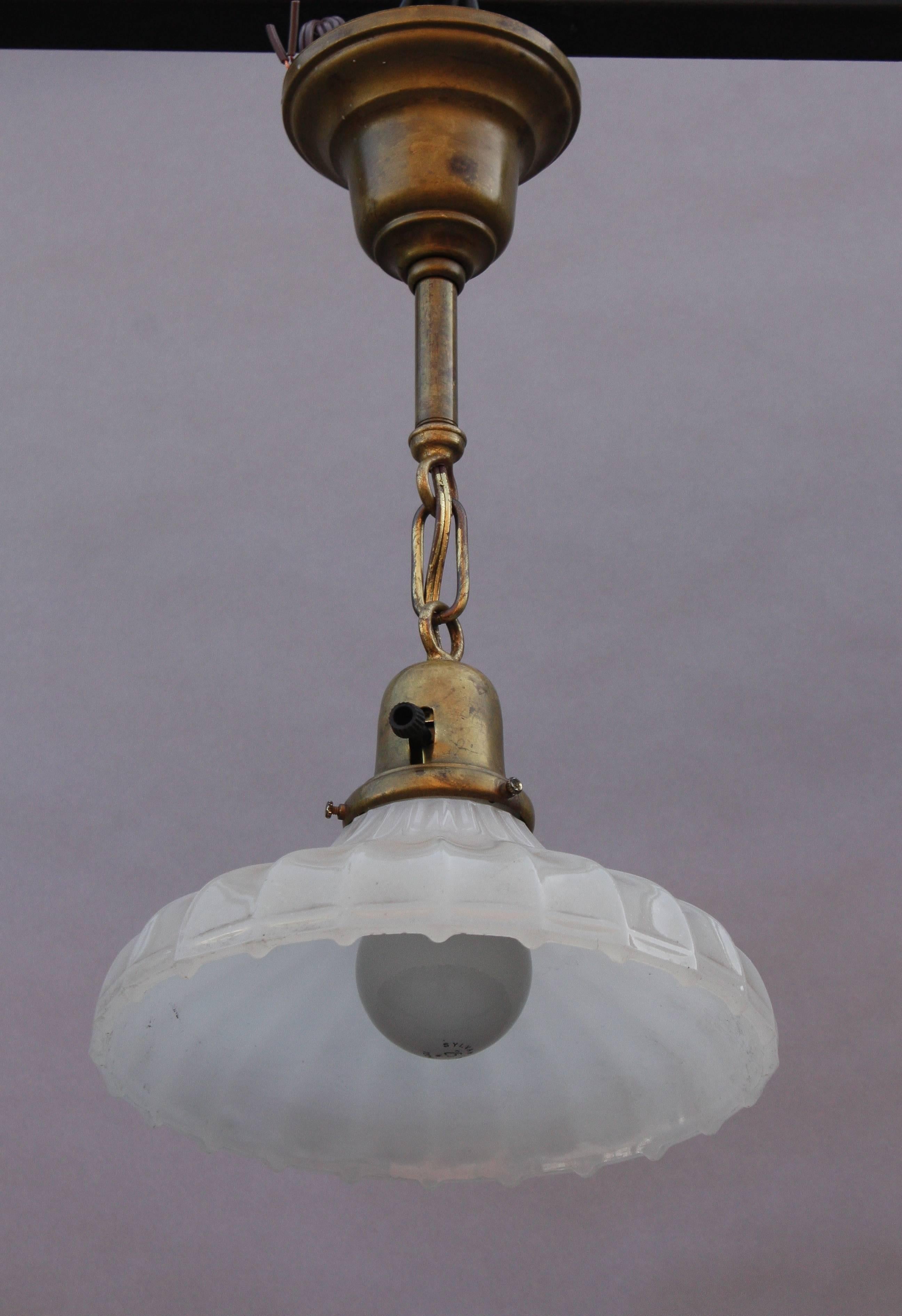 Milk glass pendant with original 1930s fitter and ribbed glass. 

7