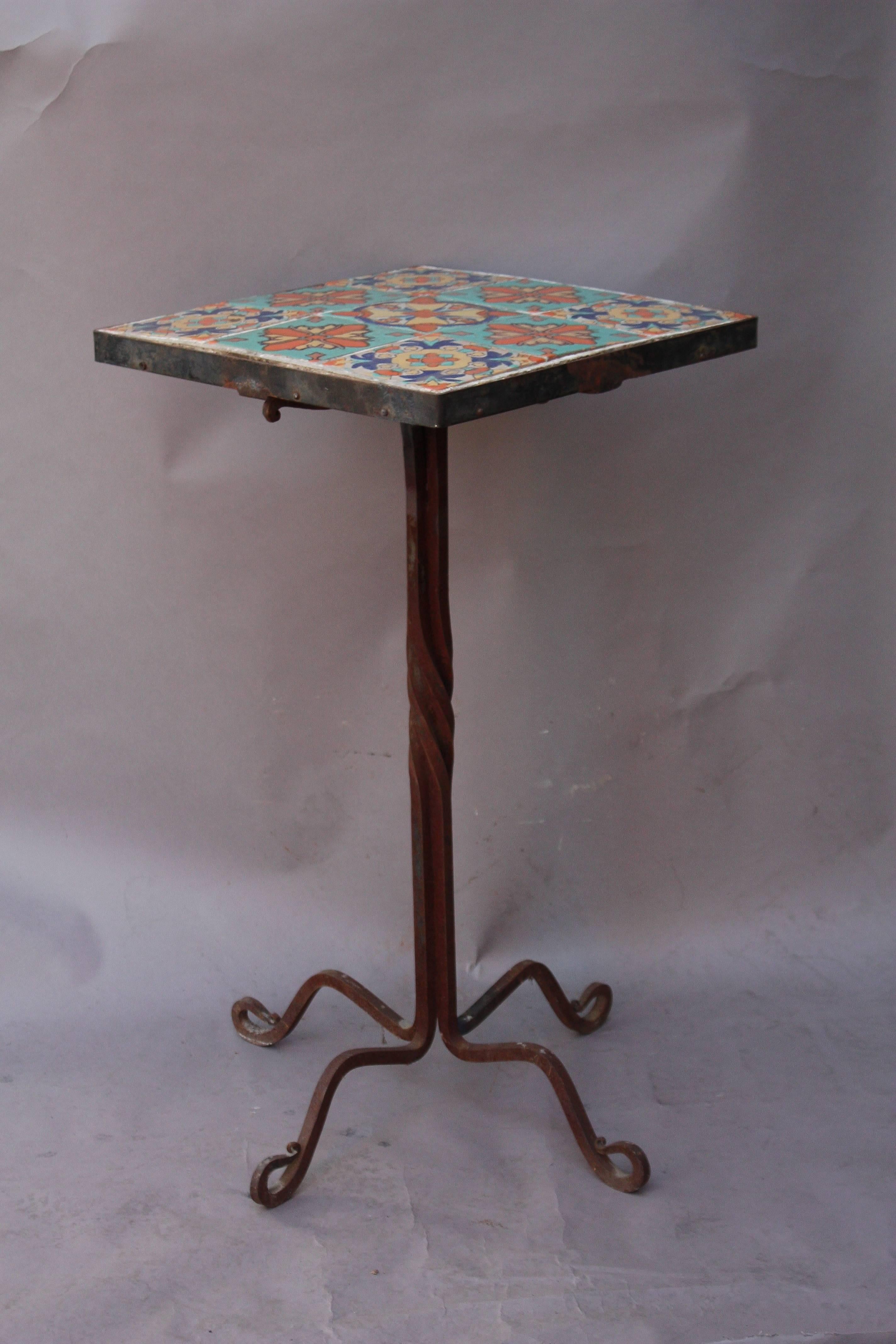 Ceramic 1920s Tall Iron and Tile Side Table