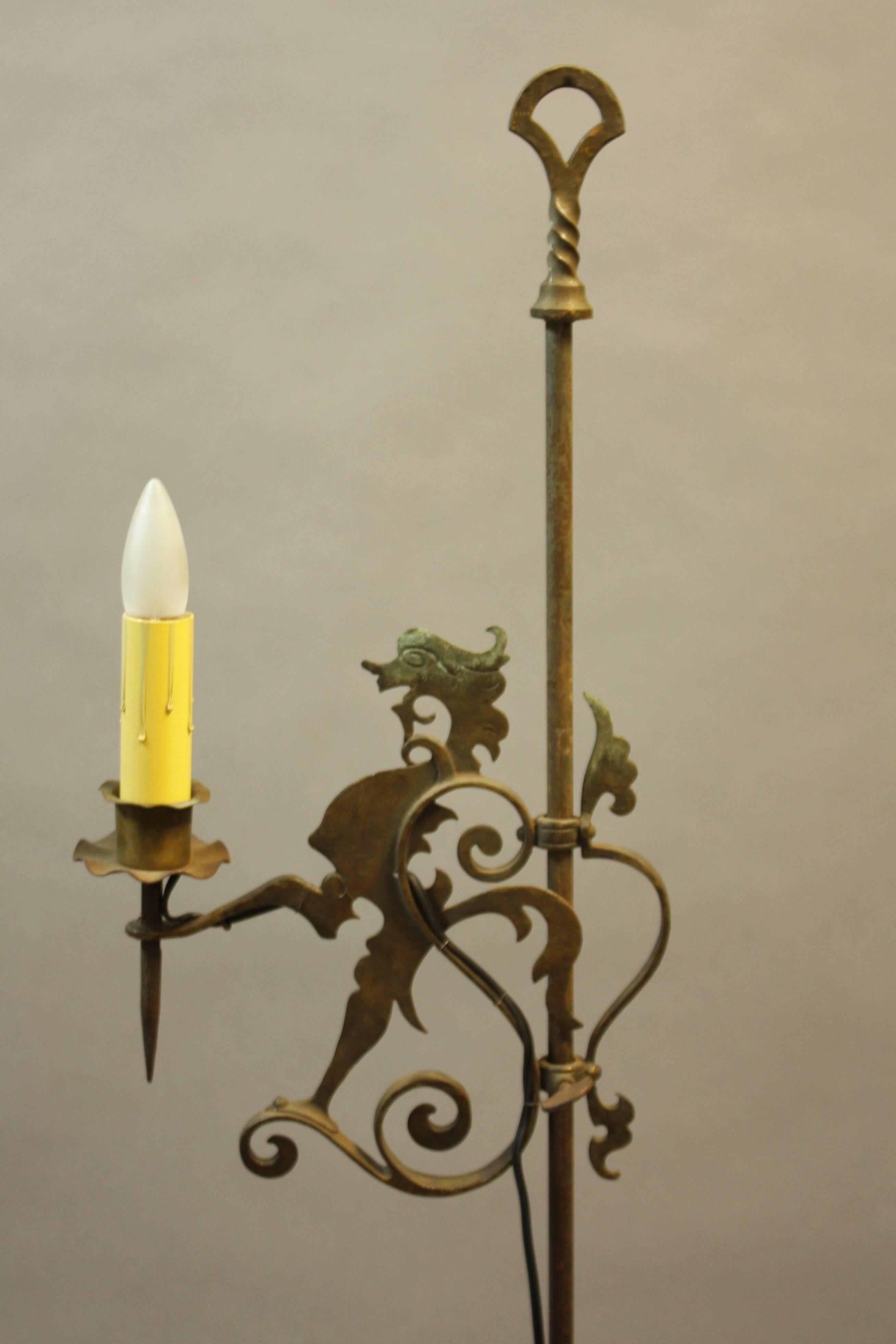 North American Antique Adjustable Standing Lamp with Dragon Figure